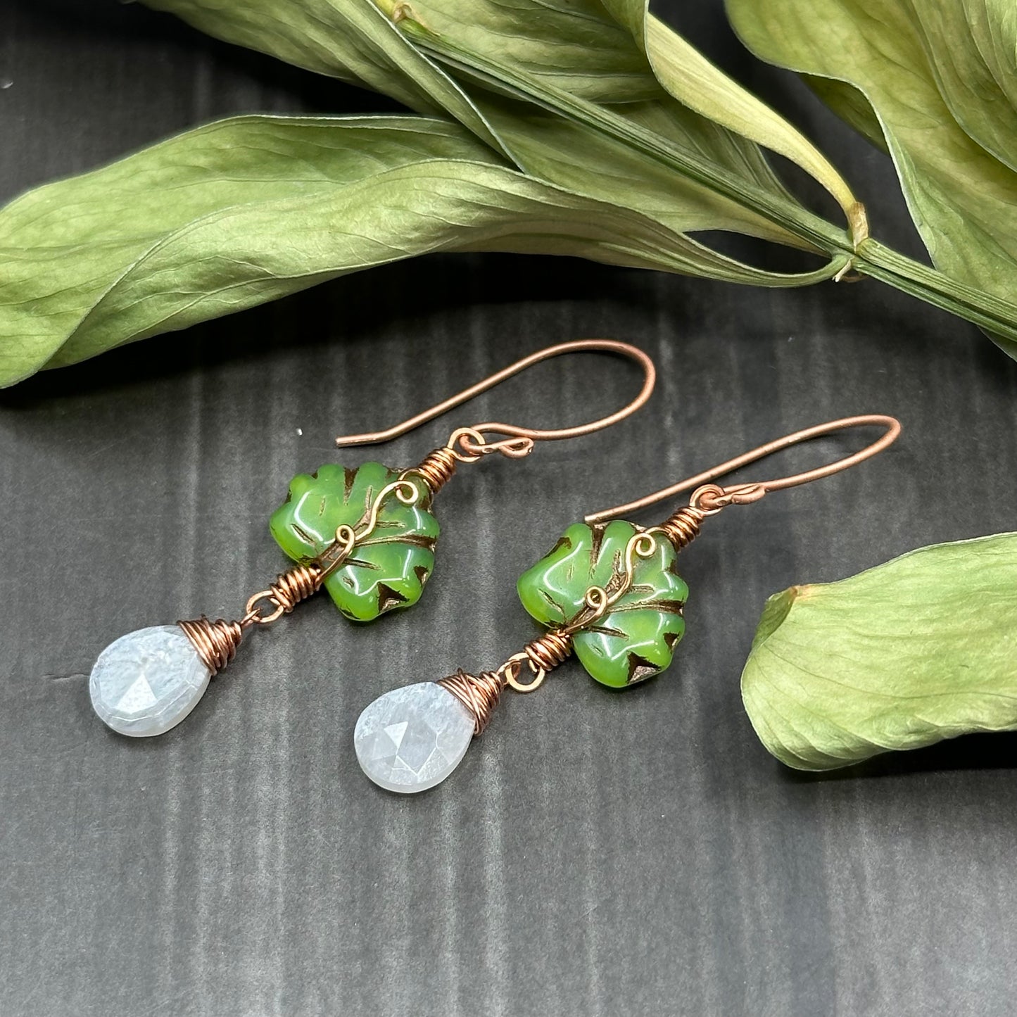 Gray Moonstone, Czech Glass, and Copper - Ornate Leaf Earrings