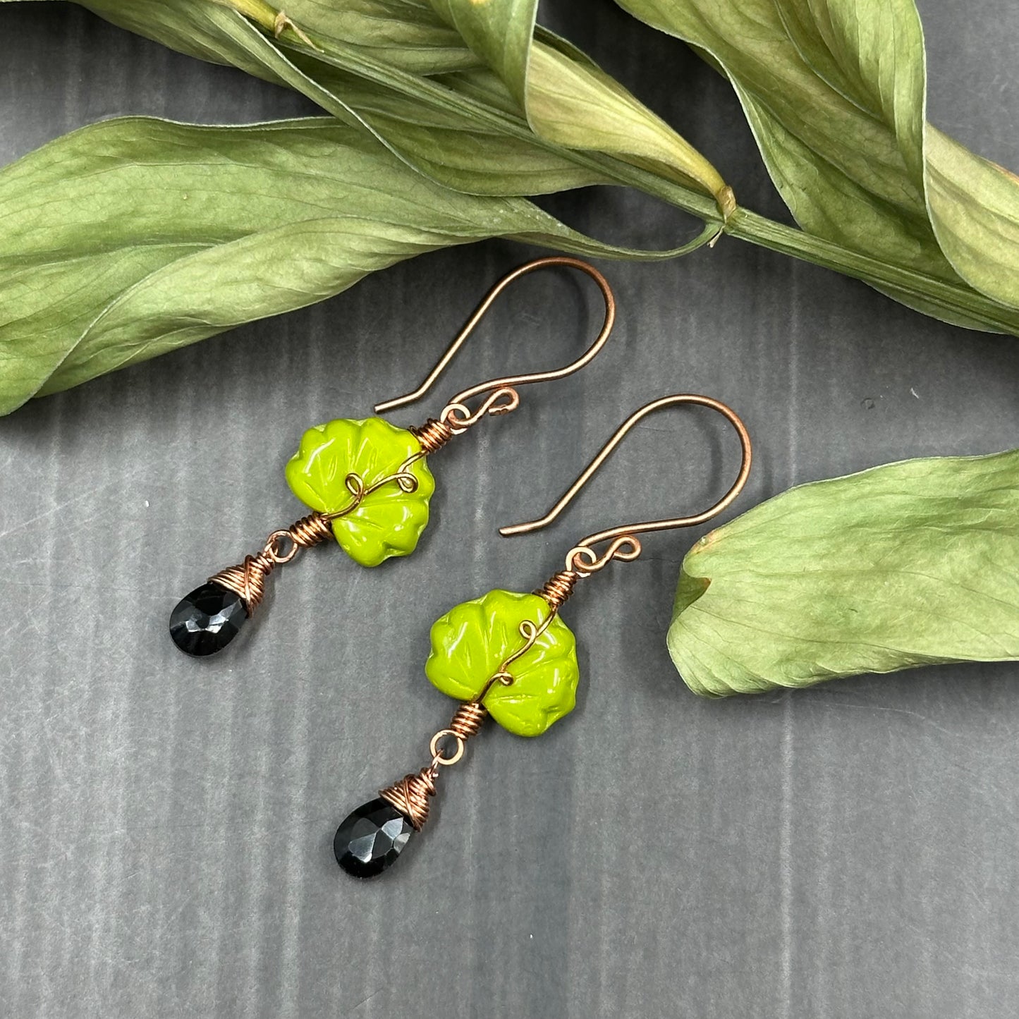 Black Spinel, Czech Glass, and Copper - Ornate Leaf Earrings