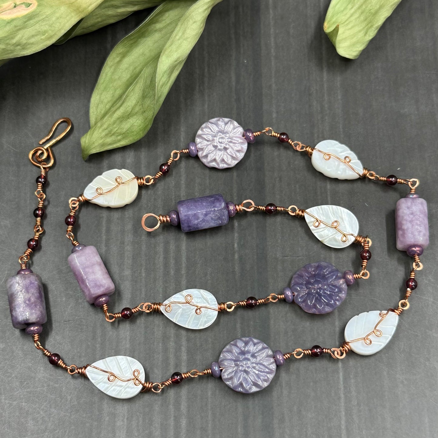 Lepidolite, Czech Glass, Mother of Pearl, and Garnet necklace wrapped in copper