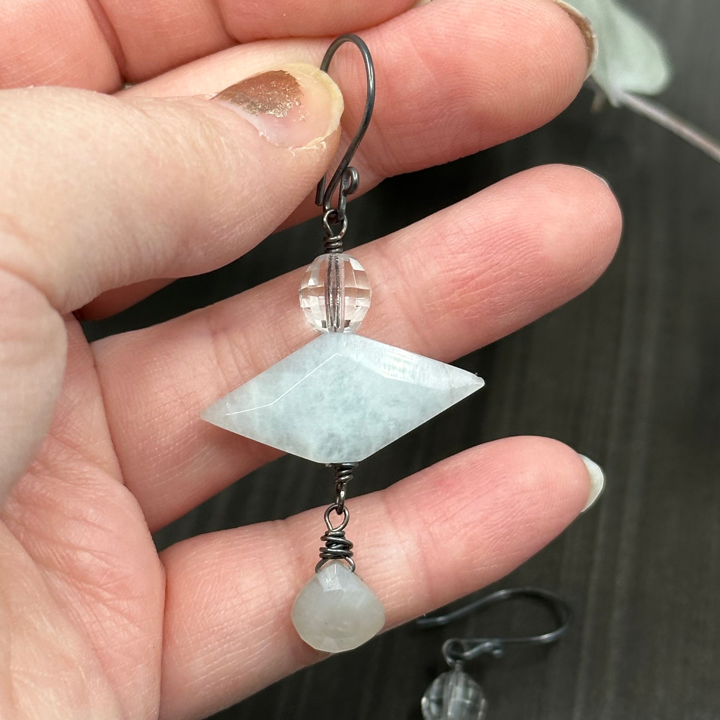 Aquamarine, Glass, Moonstone, and Sterling Silver Earrings