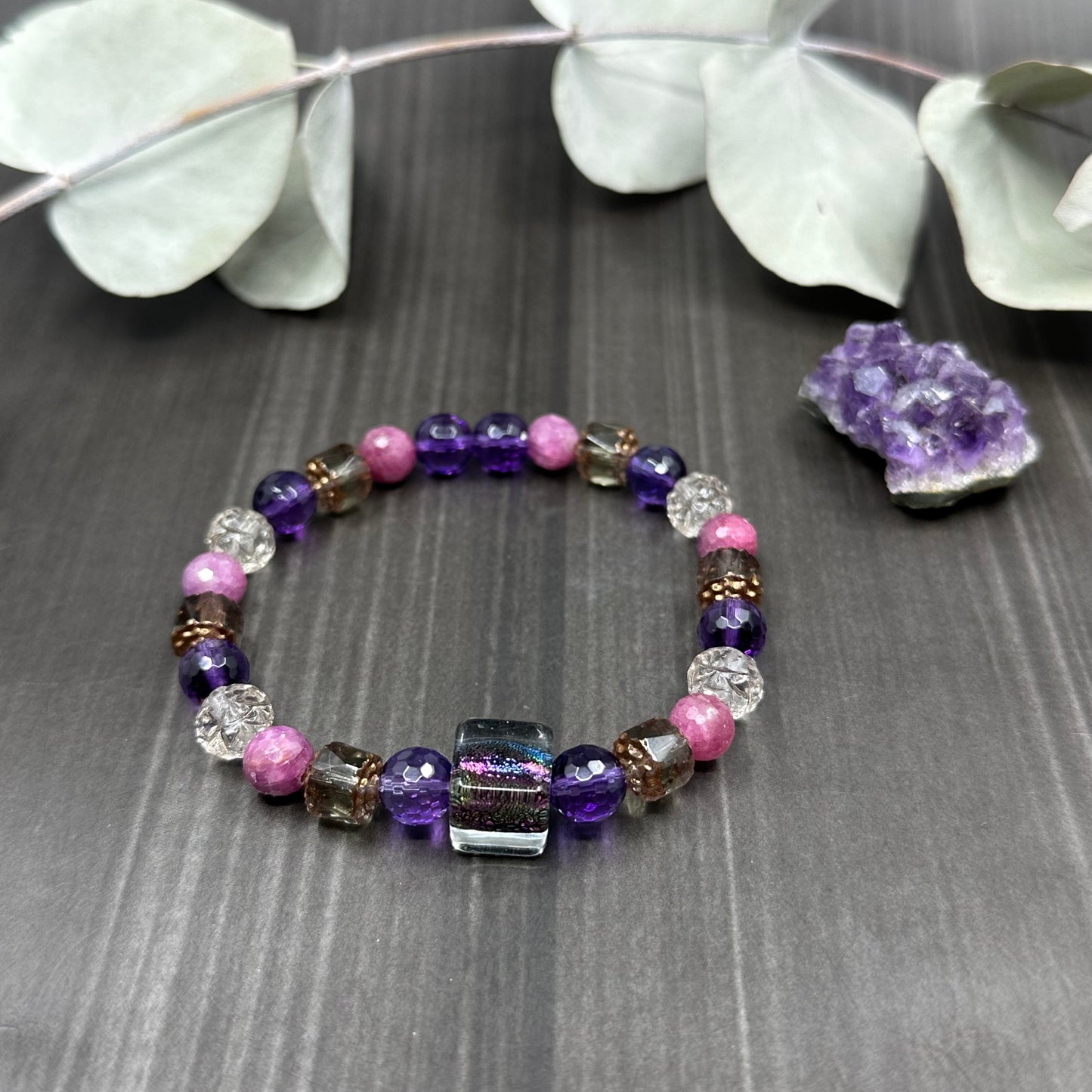 Ruby, Amethyst, and Glass 7" Stretch Bracelet