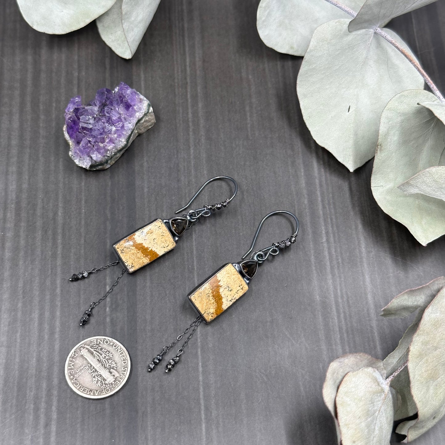 Picture Jasper, Topaz, and Black Diamond Earrings