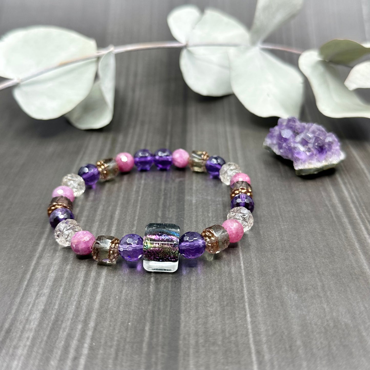 Ruby, Amethyst, and Glass 7" Stretch Bracelet