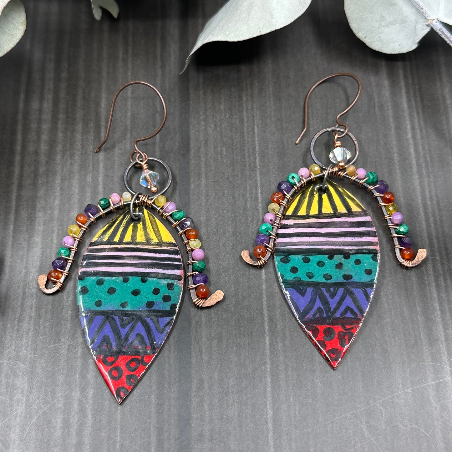 Carnelian, Amethyst, Phosphosiderite, Malachite, Yellow Opal, Enamel, and Crystal Earrings