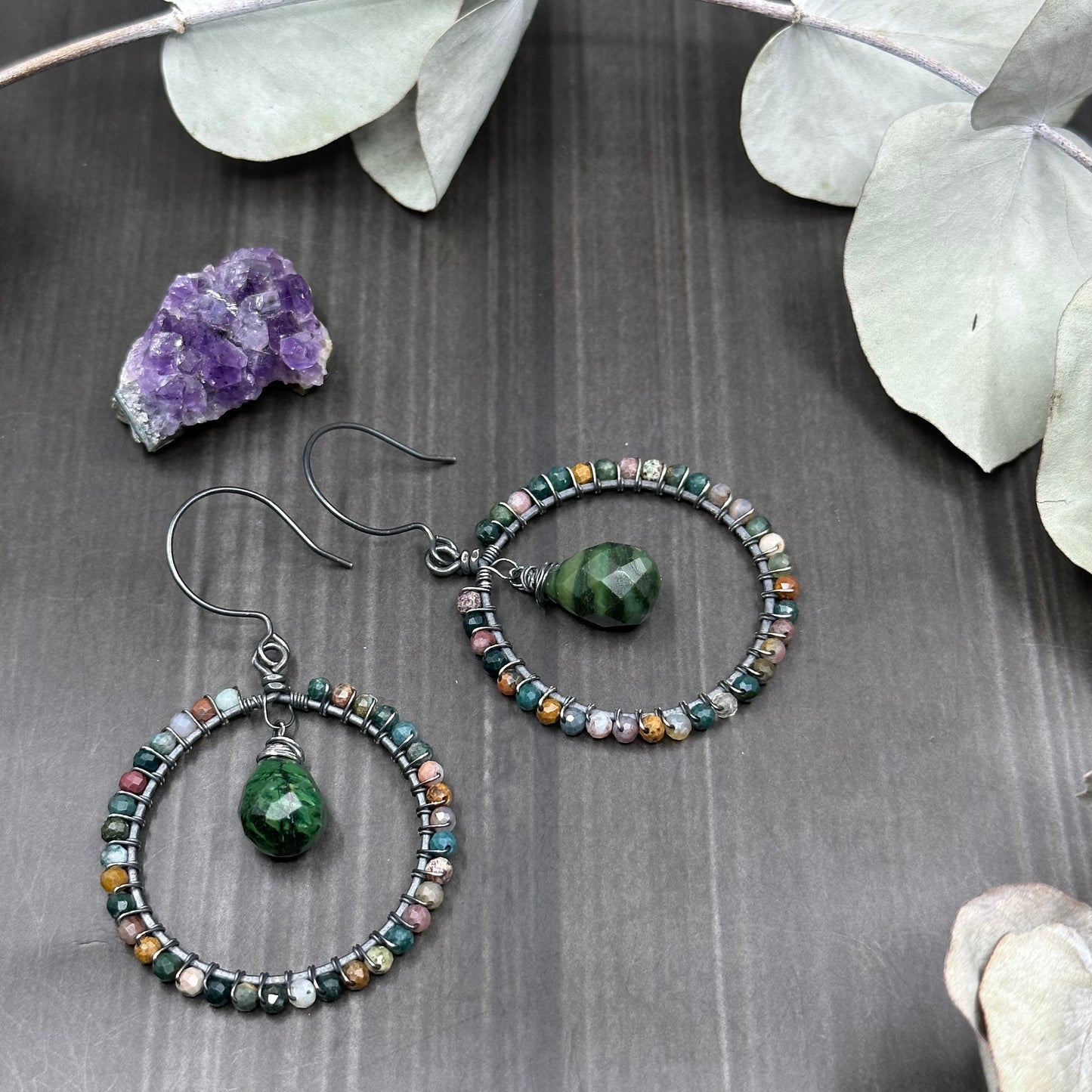 Ocean Jasper and Jade Hoop Earrings