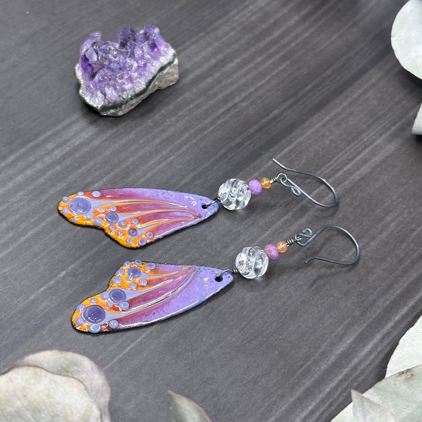 Enamel, Quartz, Phosphosiderite, and Carnelian Earrings