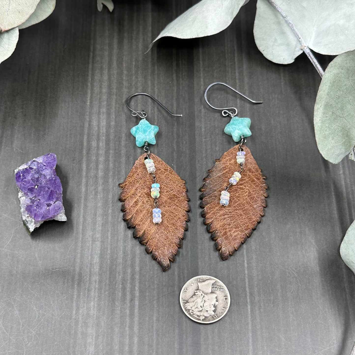 Leather Feather, Amazonite, and Opal Earrings
