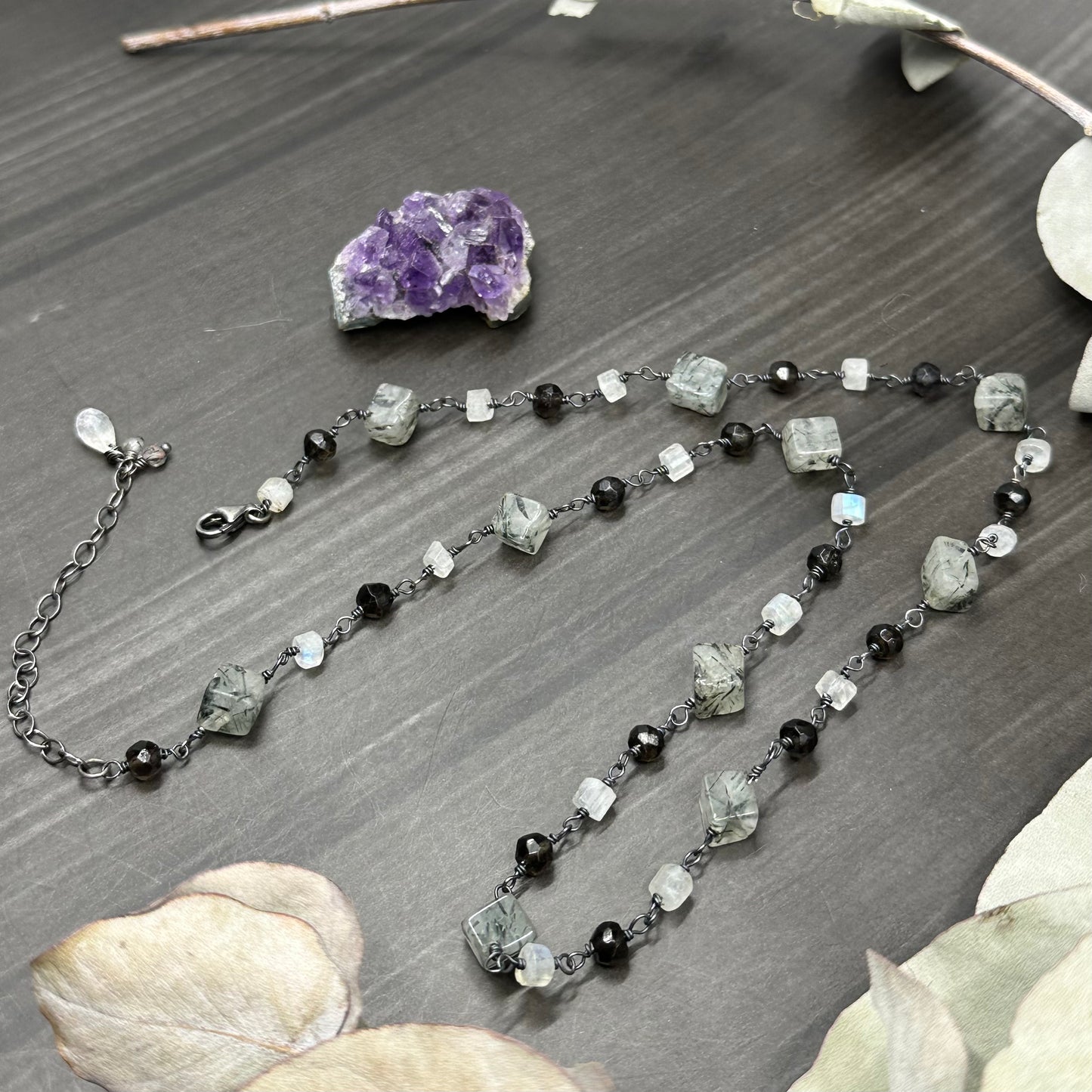 Tourmalinated quartz, smoky quartz, and rainbow moonstone sterling silver necklace