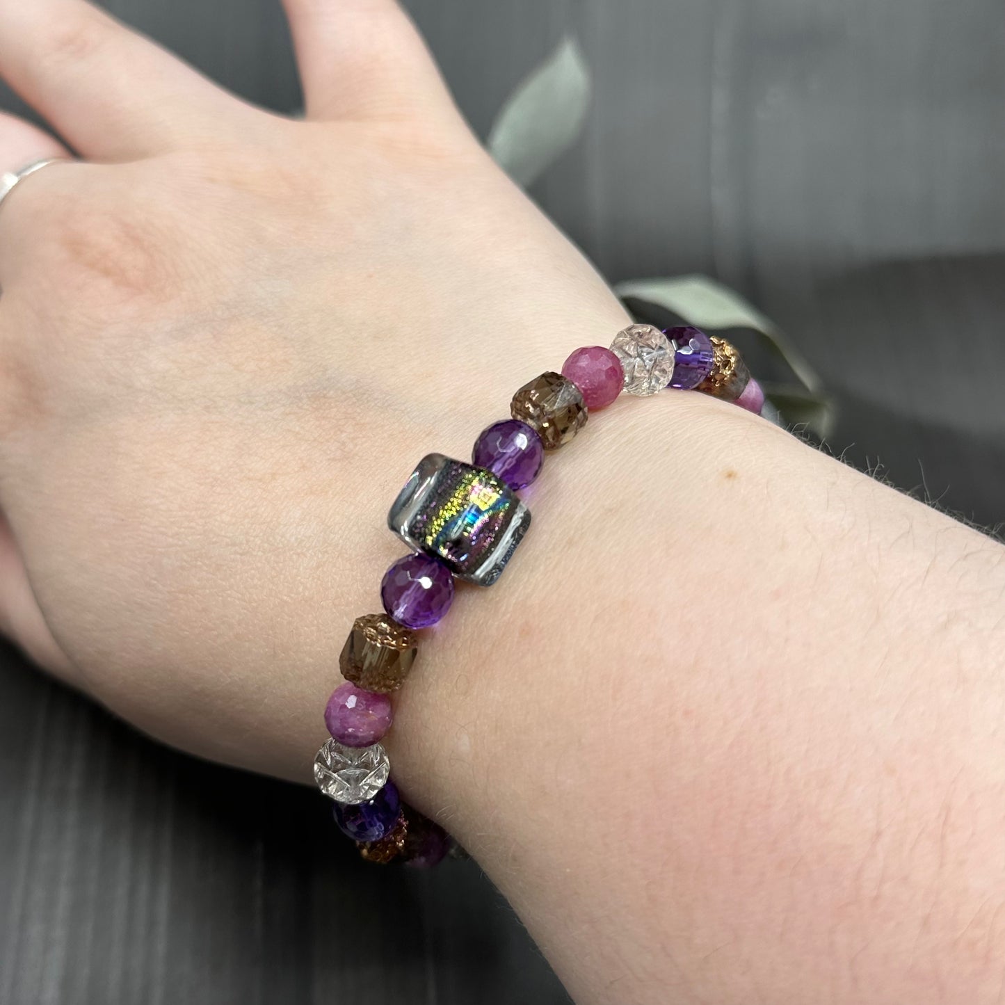 Ruby, Amethyst, and Glass 7" Stretch Bracelet
