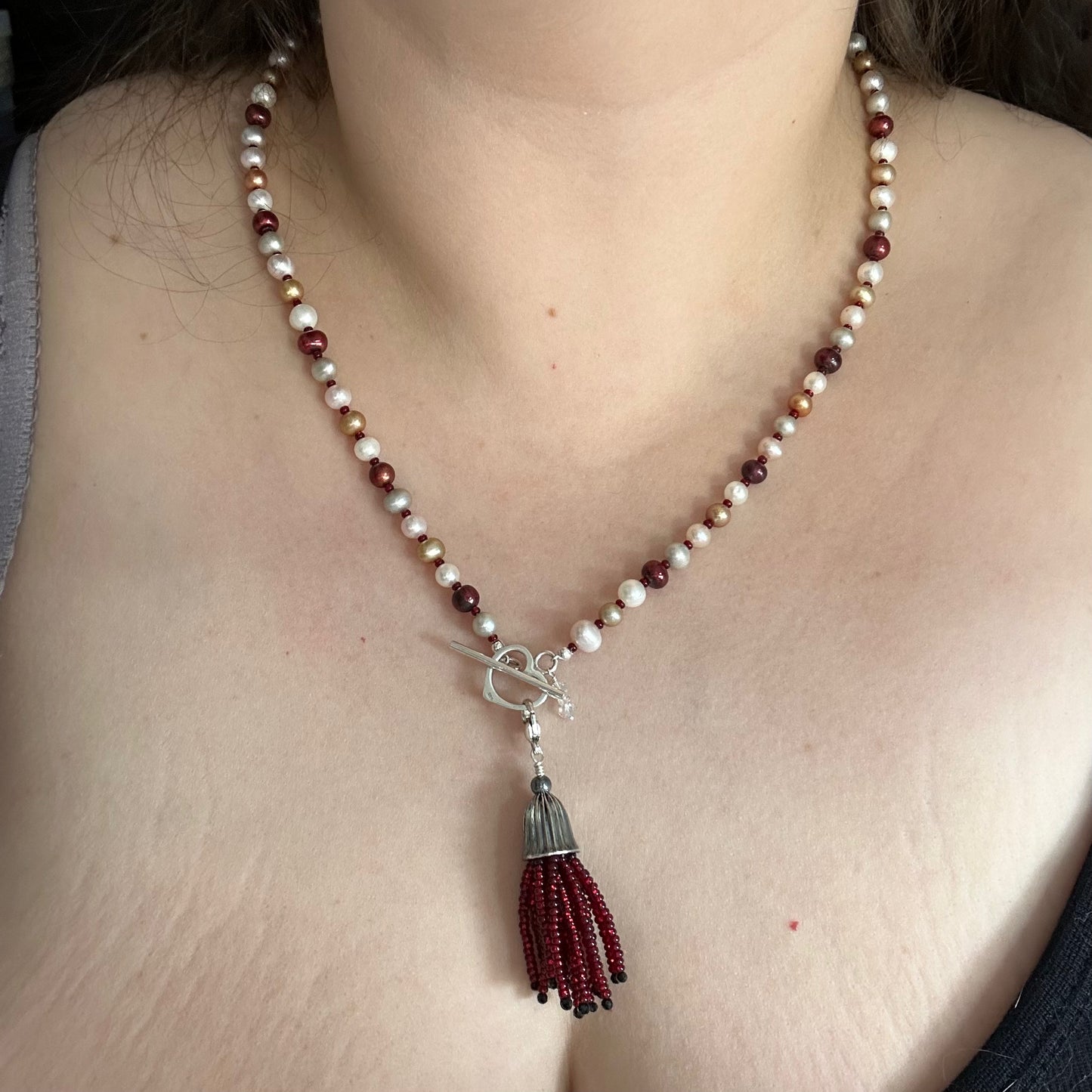 Freshwater Pearl, Vintage Glass, Black Spinel, Herkimer Quartz Diamond and Sterling Silver Necklace