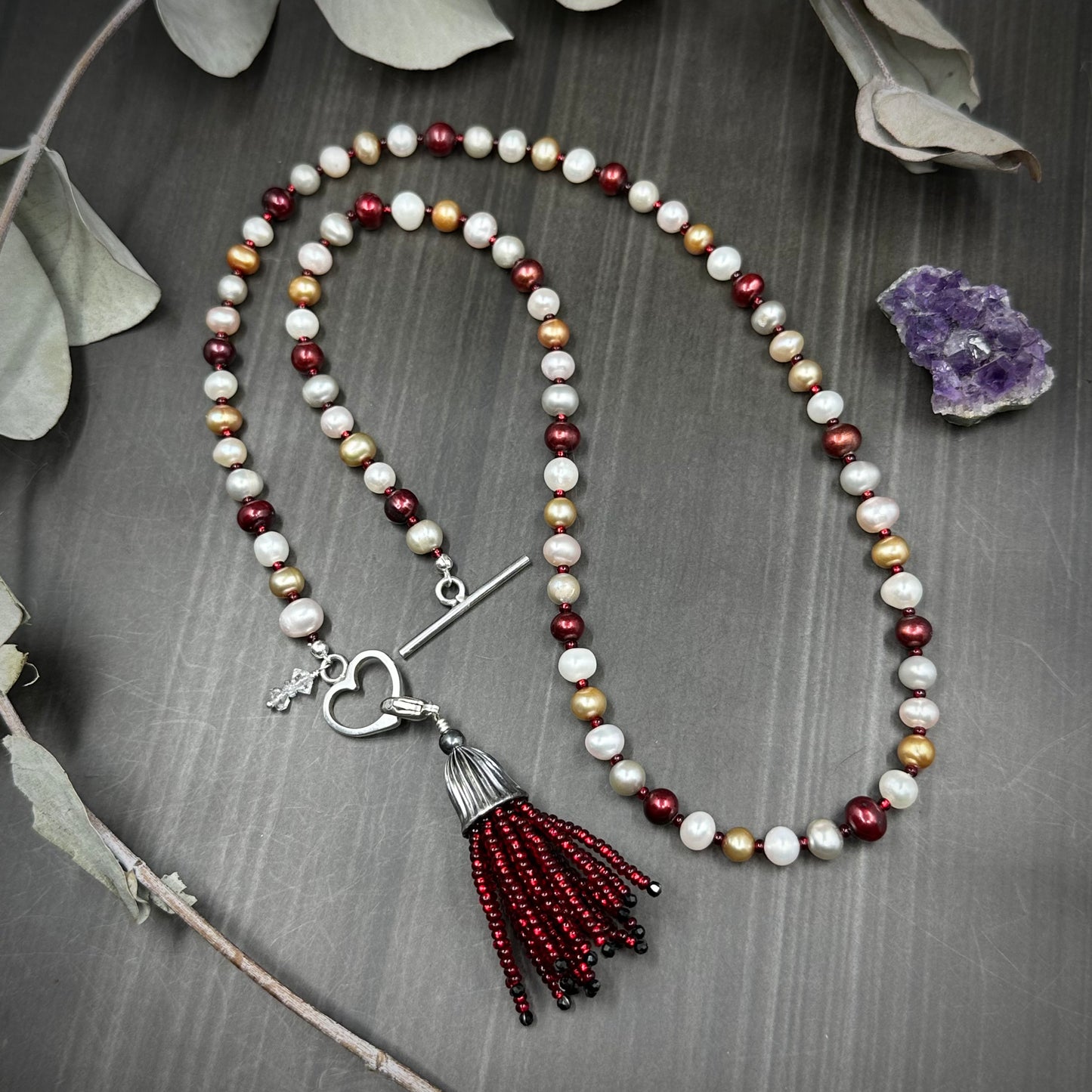 Freshwater Pearl, Vintage Glass, Black Spinel, Herkimer Quartz Diamond and Sterling Silver Necklace