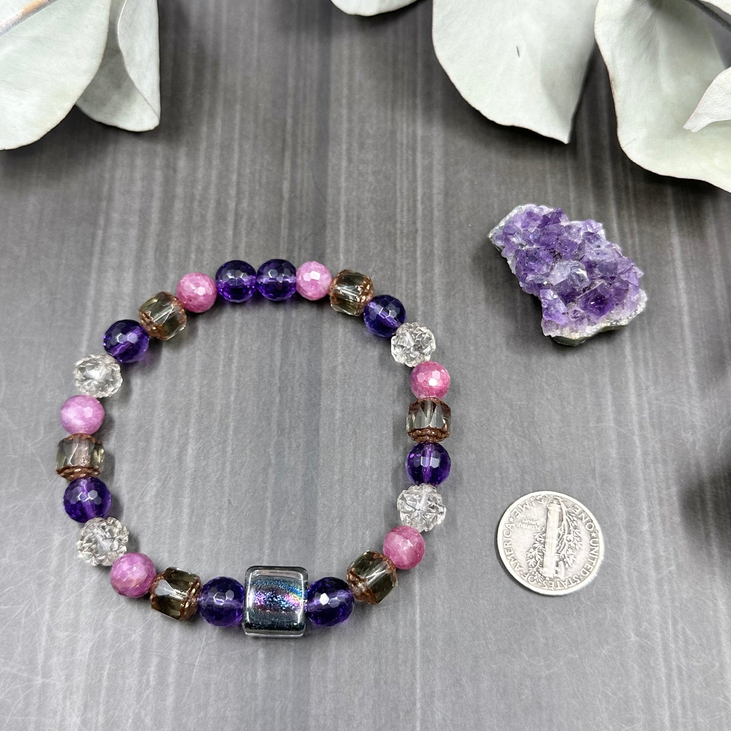Ruby, Amethyst, and Glass 7" Stretch Bracelet