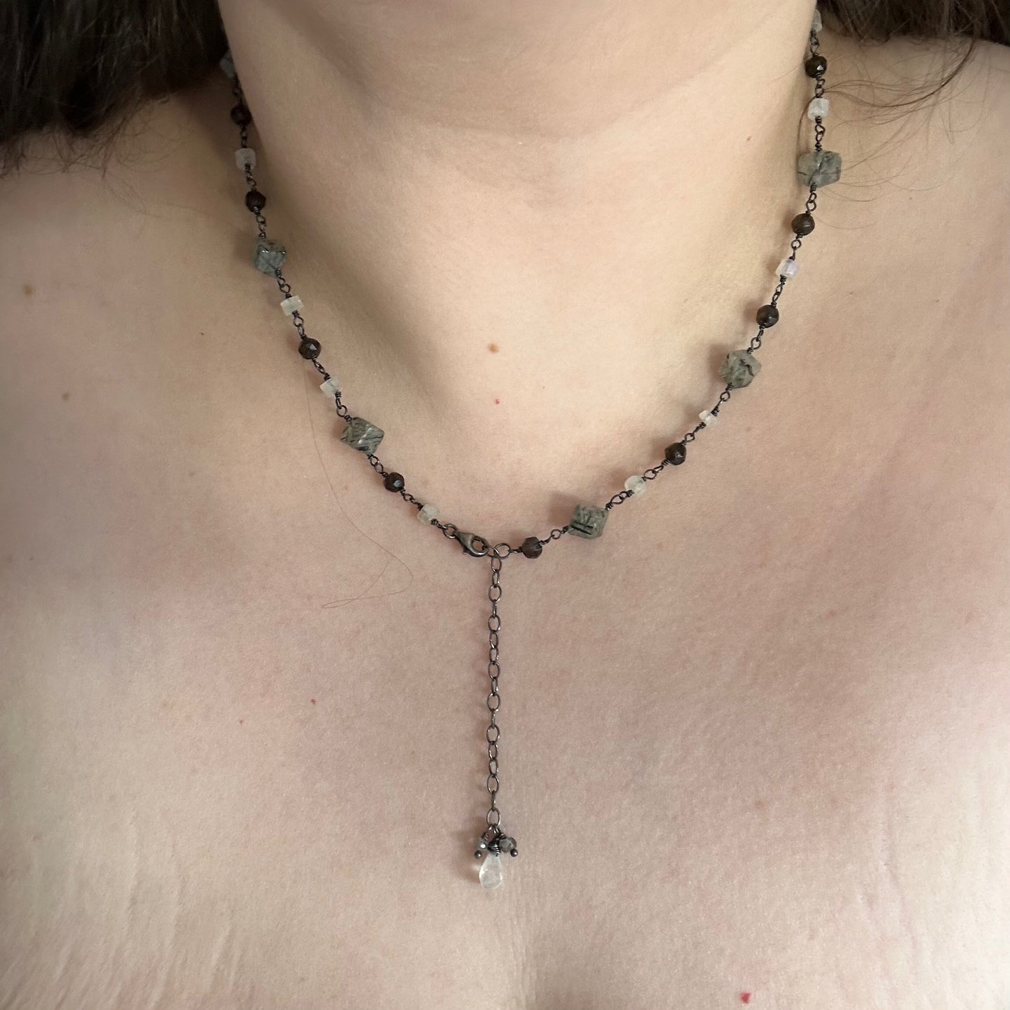 Tourmalinated quartz, smoky quartz, and rainbow moonstone sterling silver necklace