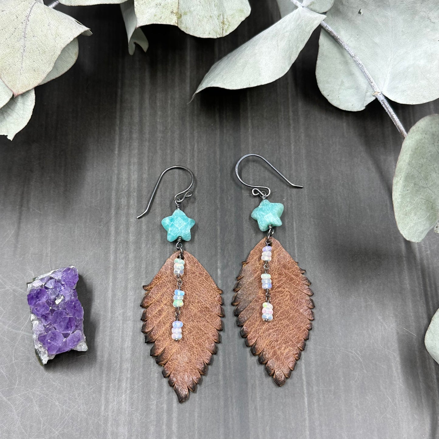 Leather Feather, Amazonite, and Opal Earrings