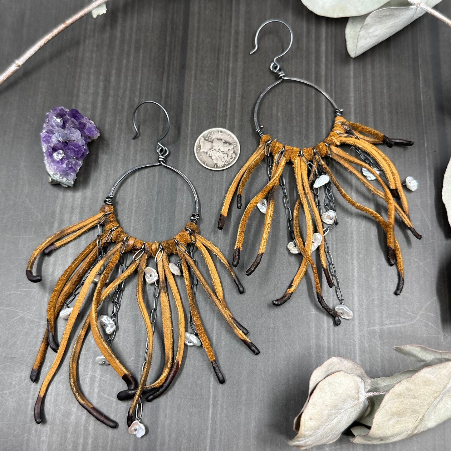 Leather Fringe Hoop Earrings with Pearl and Sterling Silver