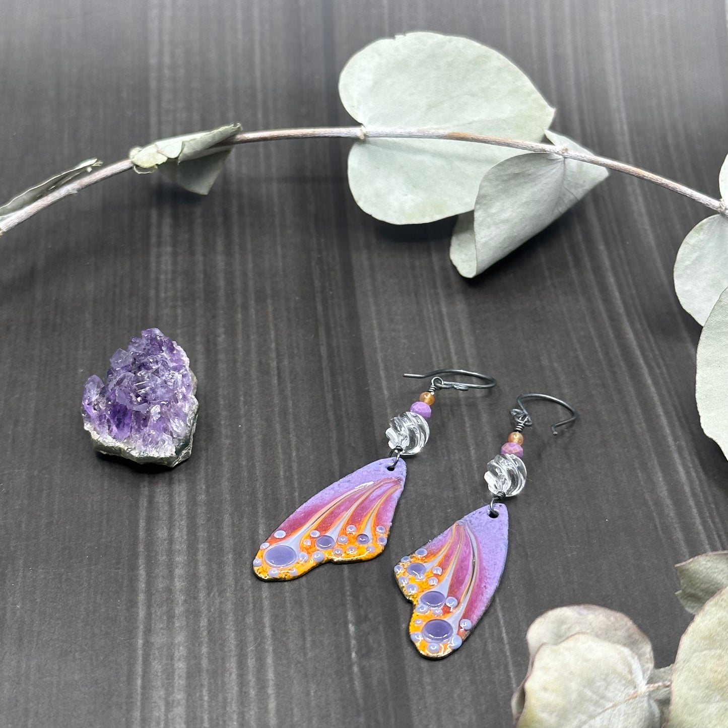 Enamel, Quartz, Phosphosiderite, and Carnelian Earrings