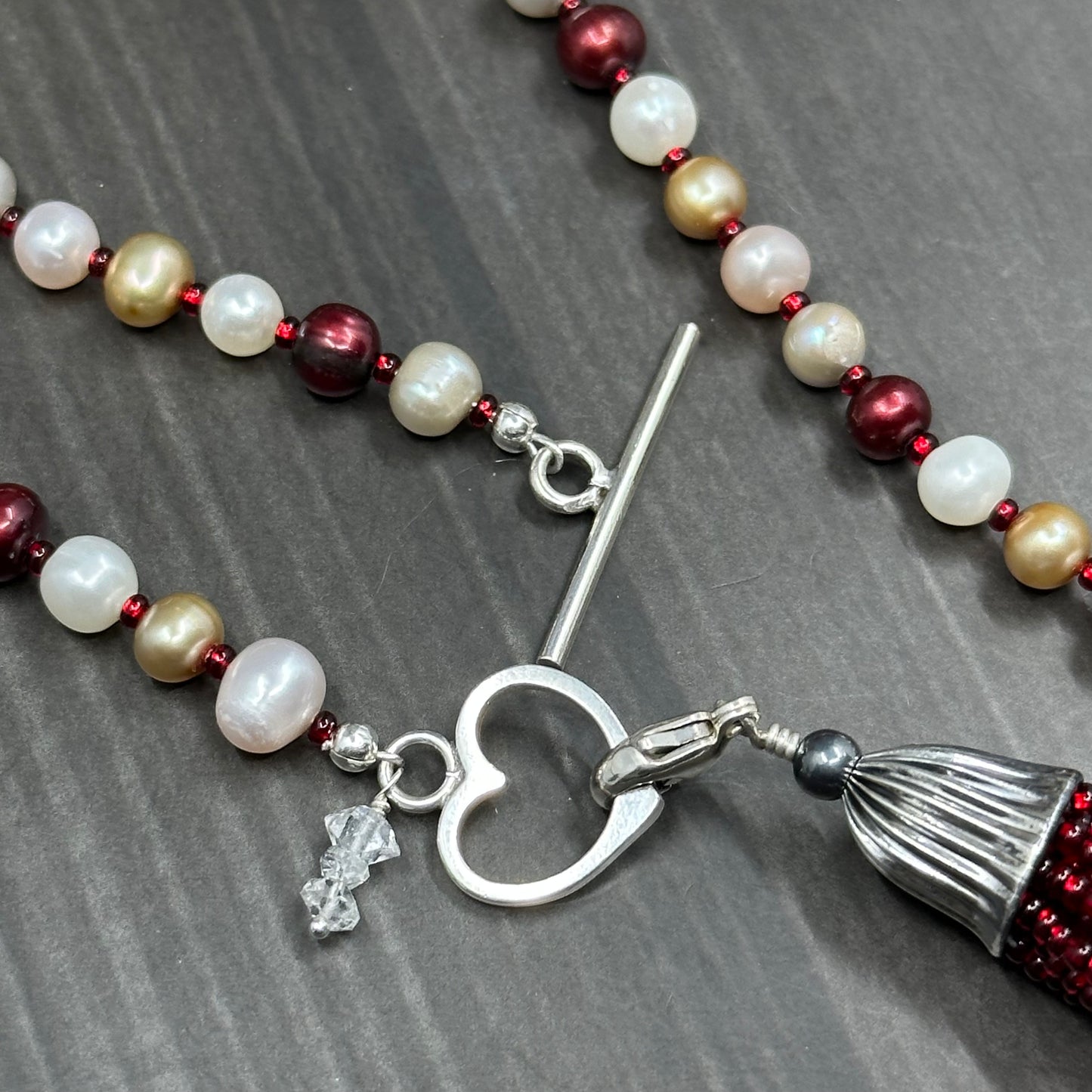 Freshwater Pearl, Vintage Glass, Black Spinel, Herkimer Quartz Diamond and Sterling Silver Necklace
