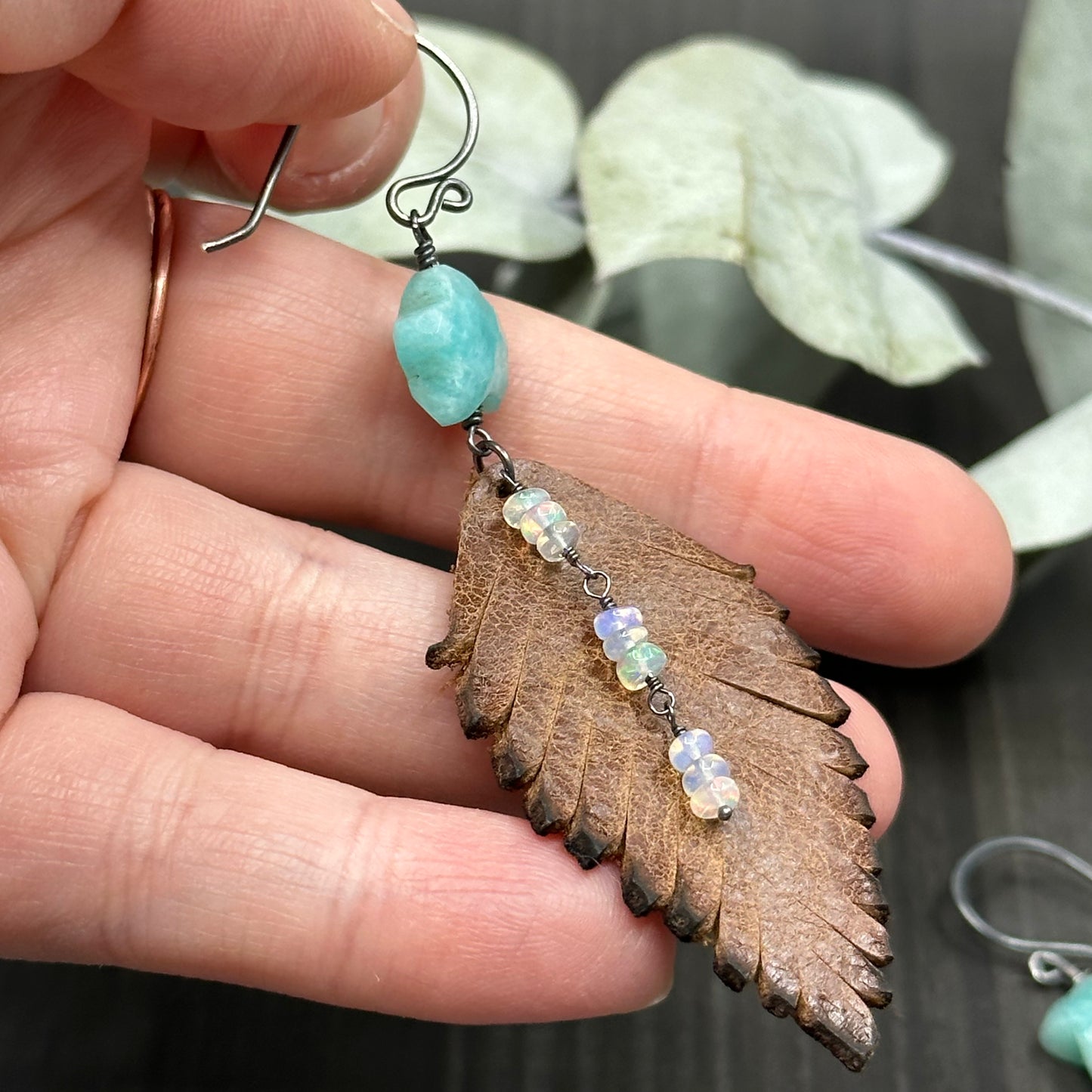 Leather Feather, Amazonite, and Opal Earrings