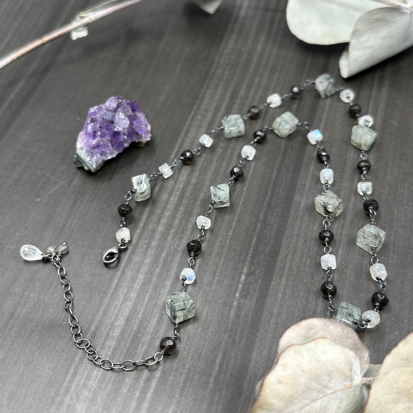 Tourmalinated quartz, smoky quartz, and rainbow moonstone sterling silver necklace