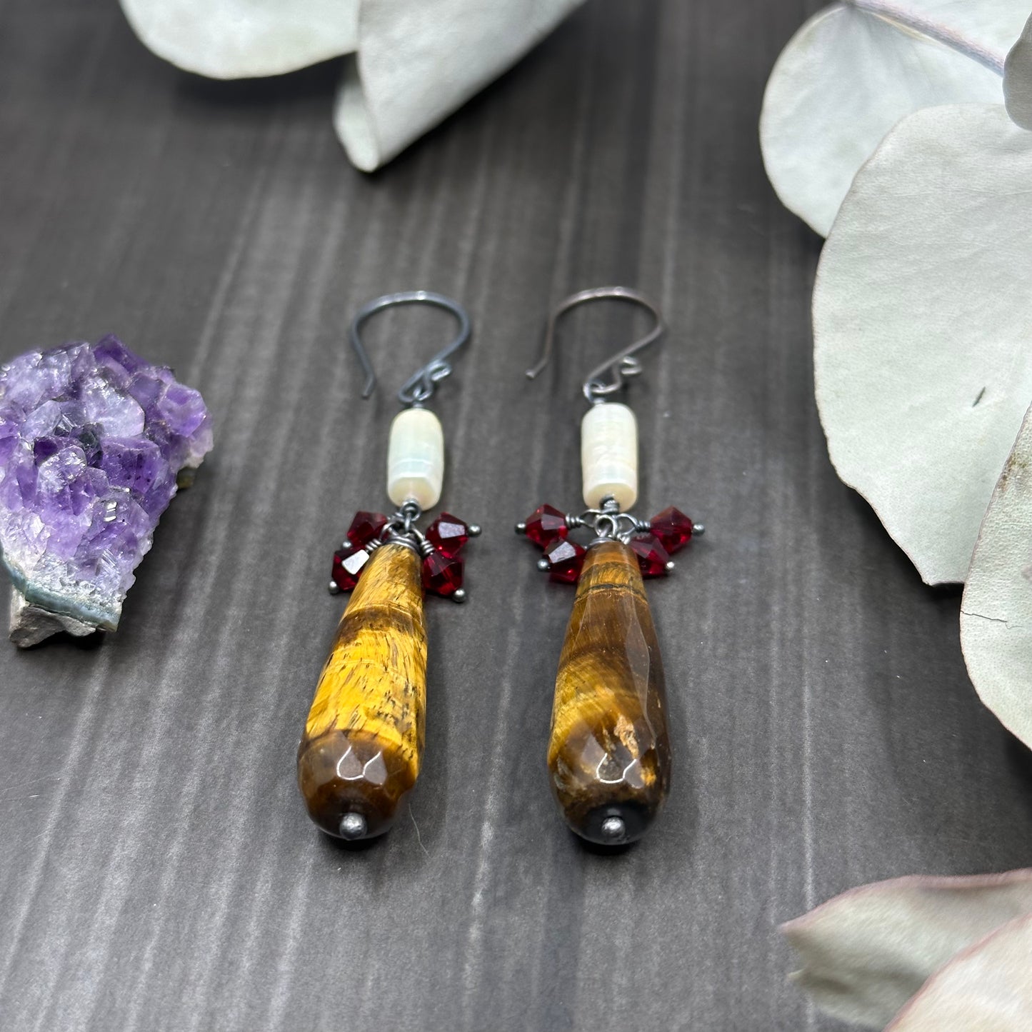 Crystal, Tiger Eye, and Freshwater Pearl Earrings
