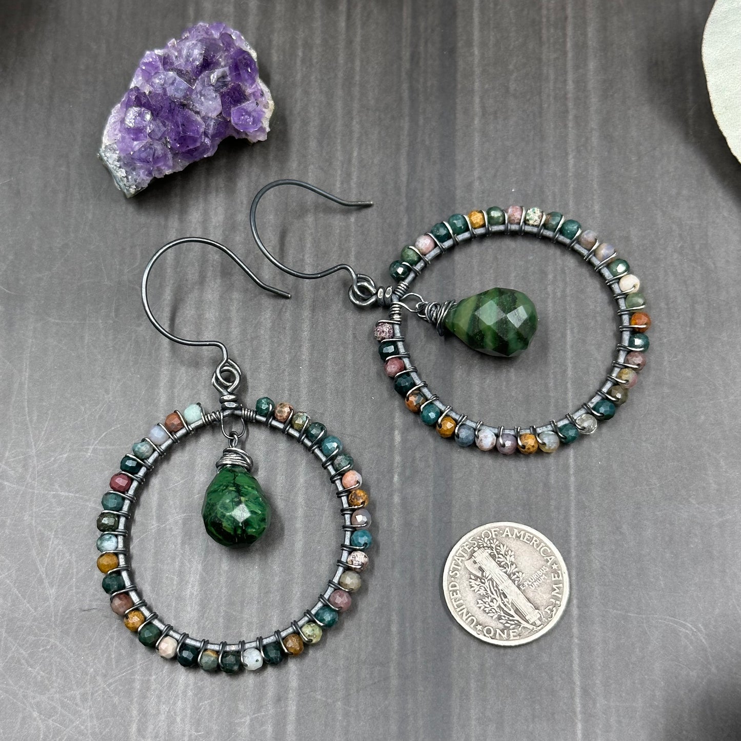 Ocean Jasper and Jade Hoop Earrings