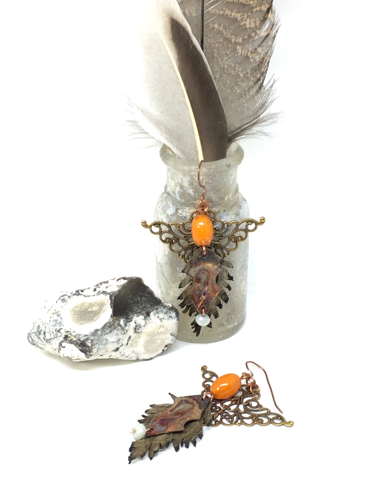 Leather feathers with vintage elements and Artisan Enamel