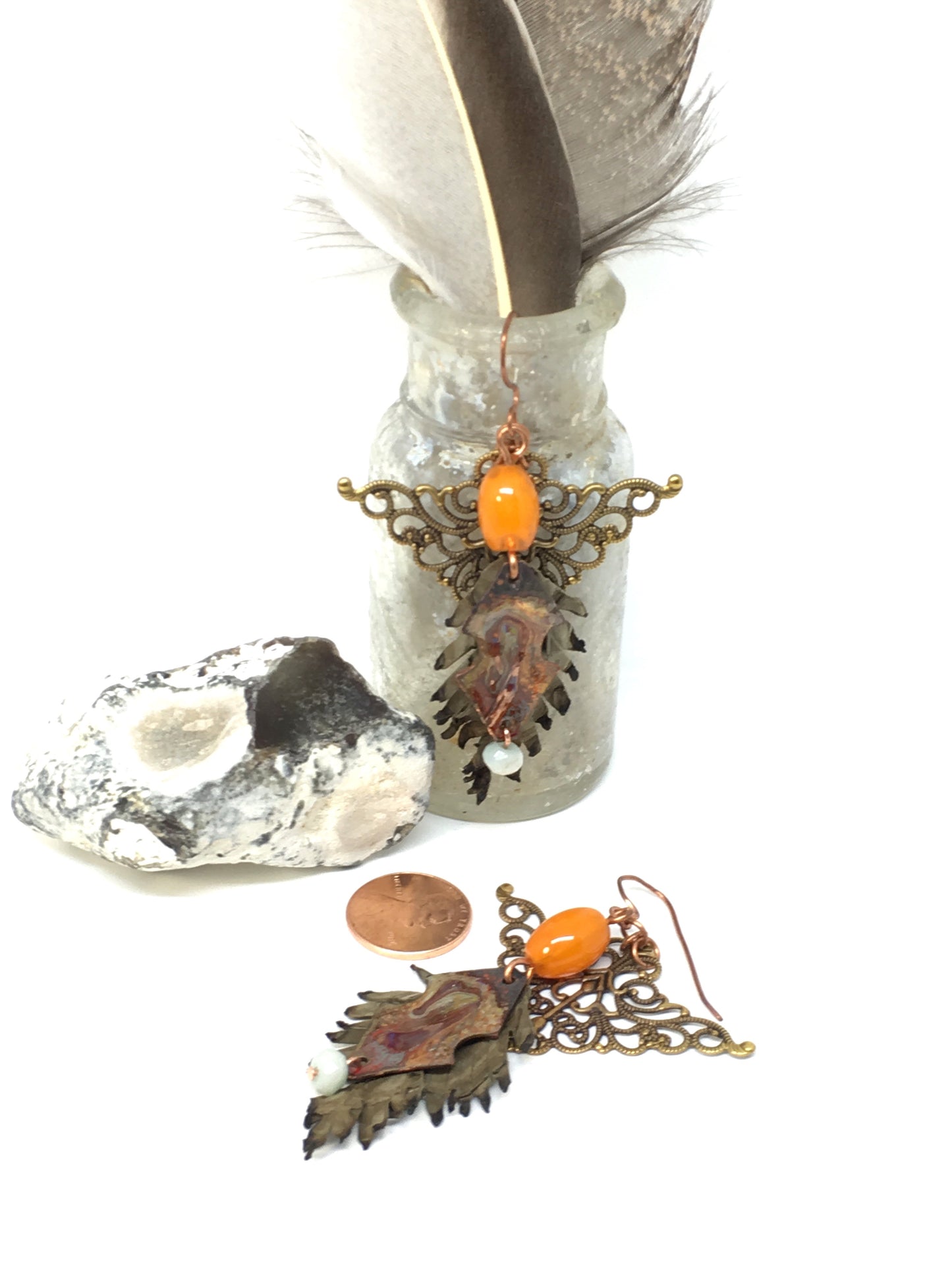 Leather feathers with vintage elements and Artisan Enamel