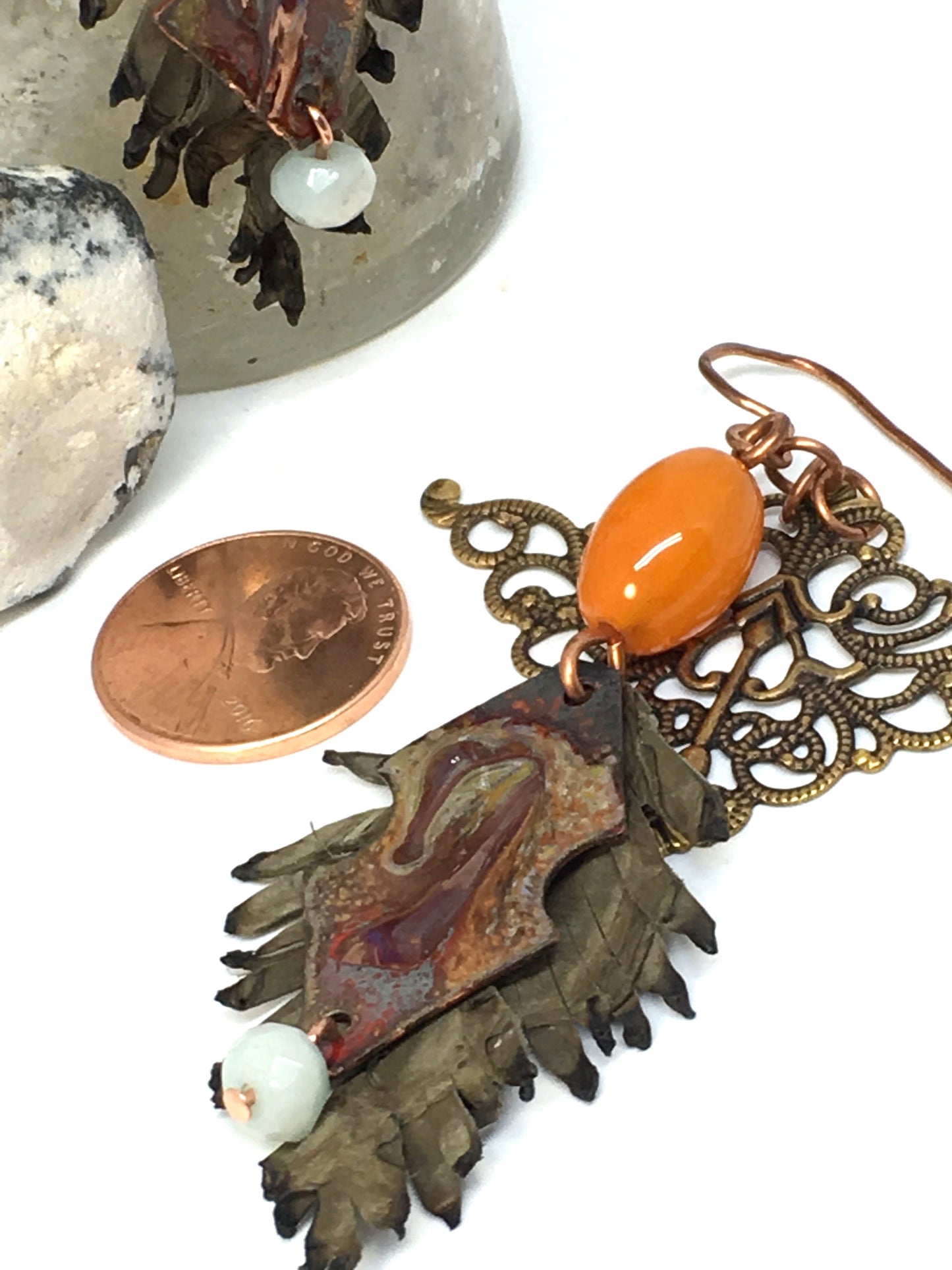 Leather feathers with vintage elements and Artisan Enamel