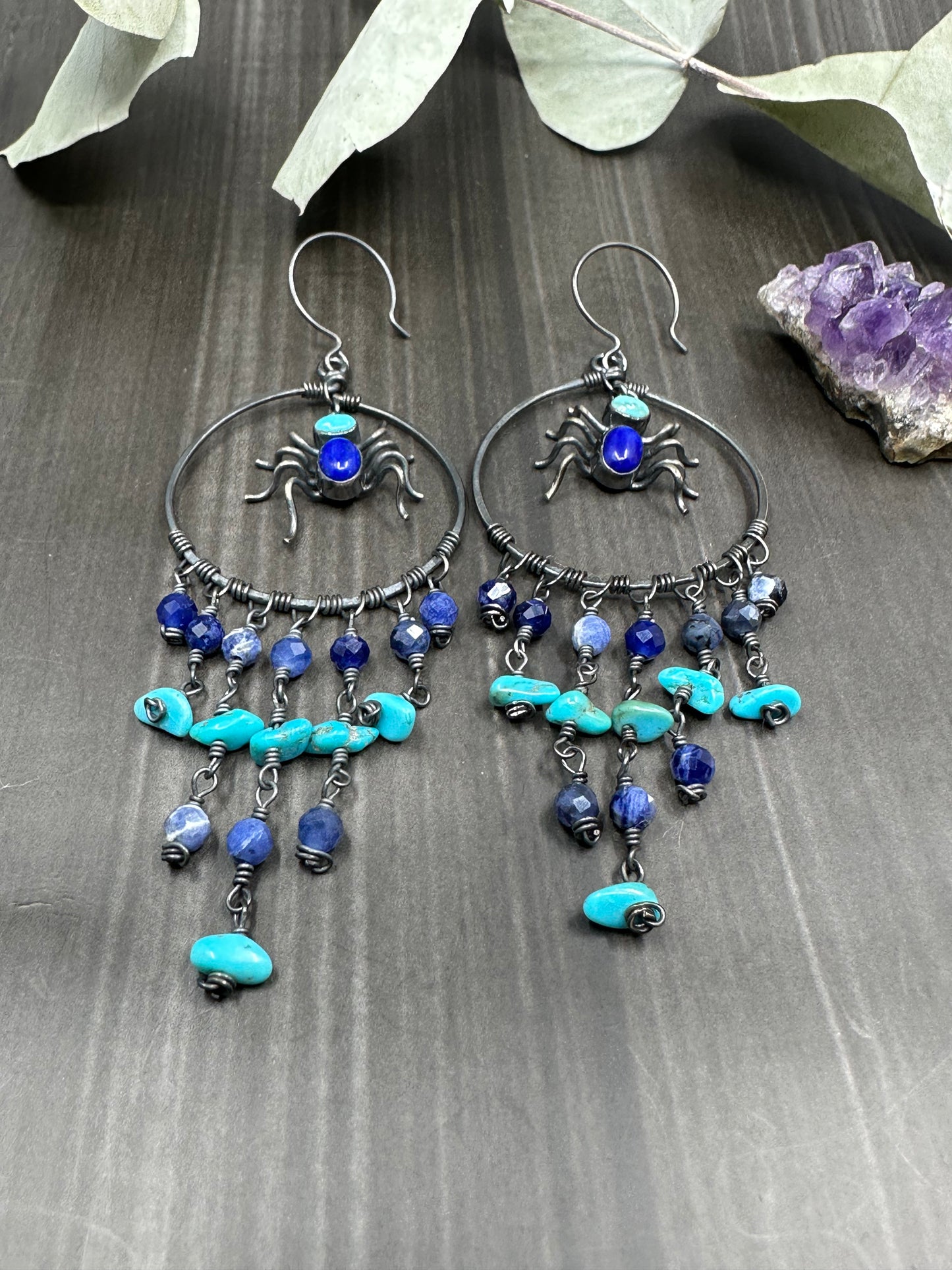 Lapis, Sodalite, and Turquoise Sterling silver Dangle Earrings