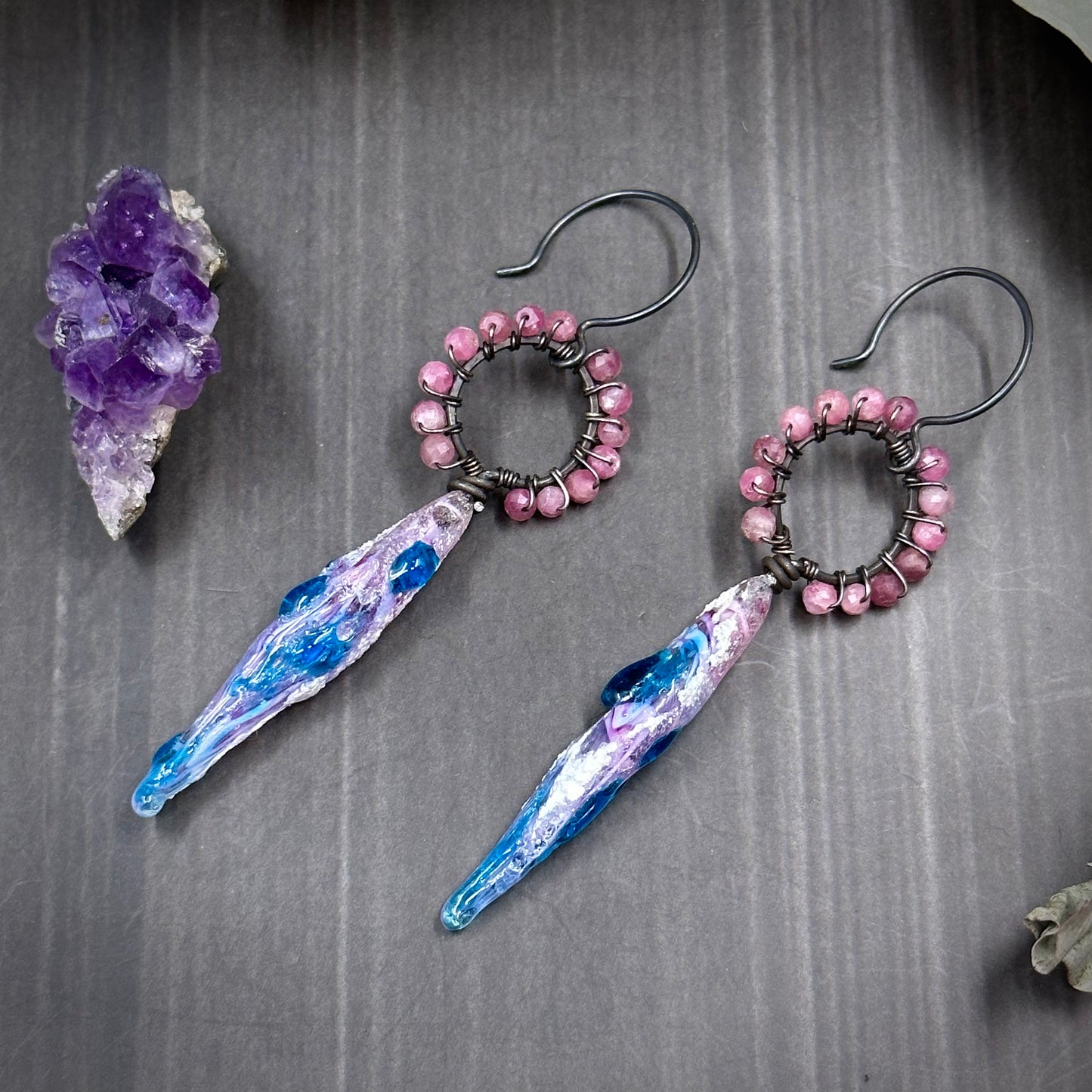 Artisan Glass and Pink Tourmaline Wrapped Hoop Earrings
