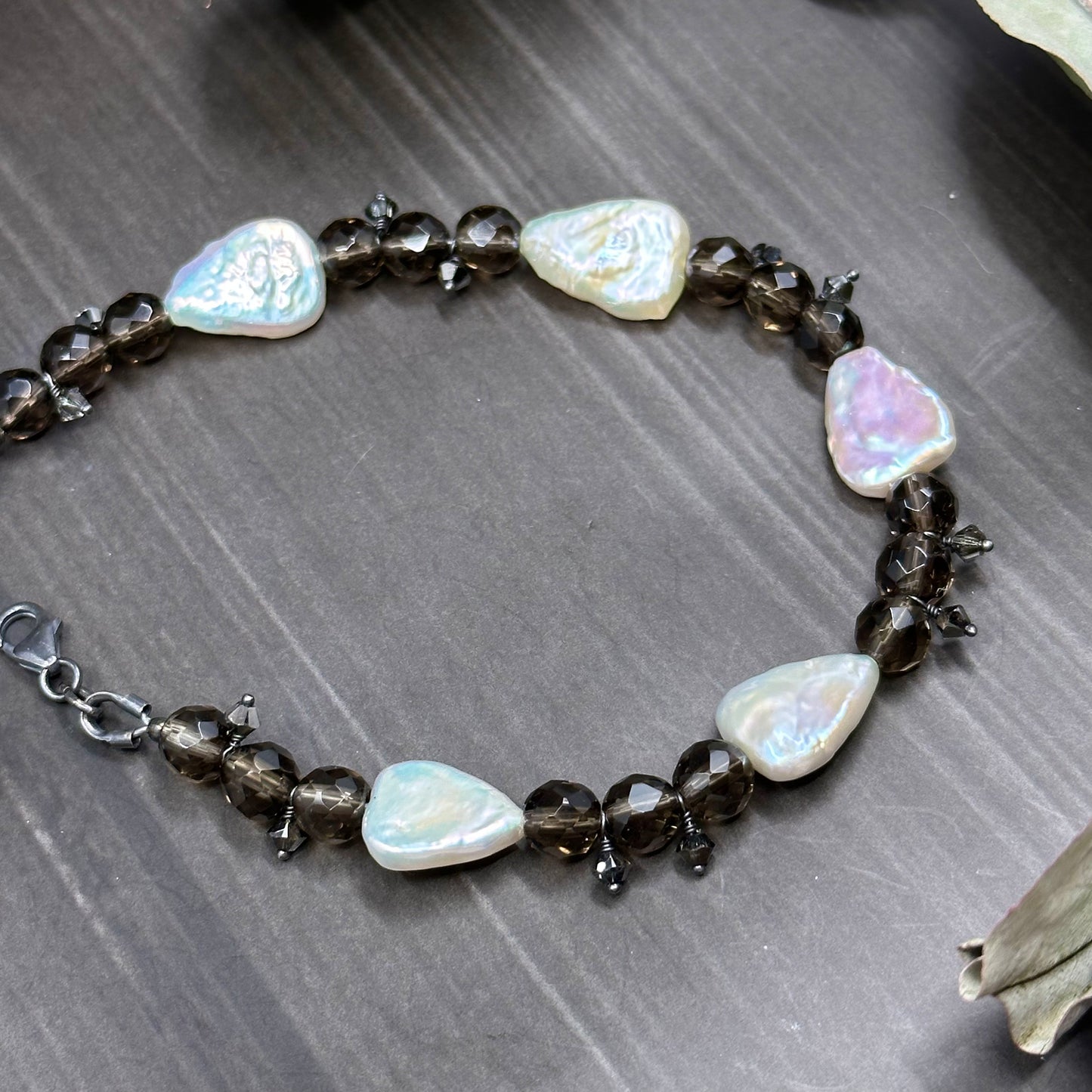 Pearl, Smoky Quartz, and Crystal Bracelet