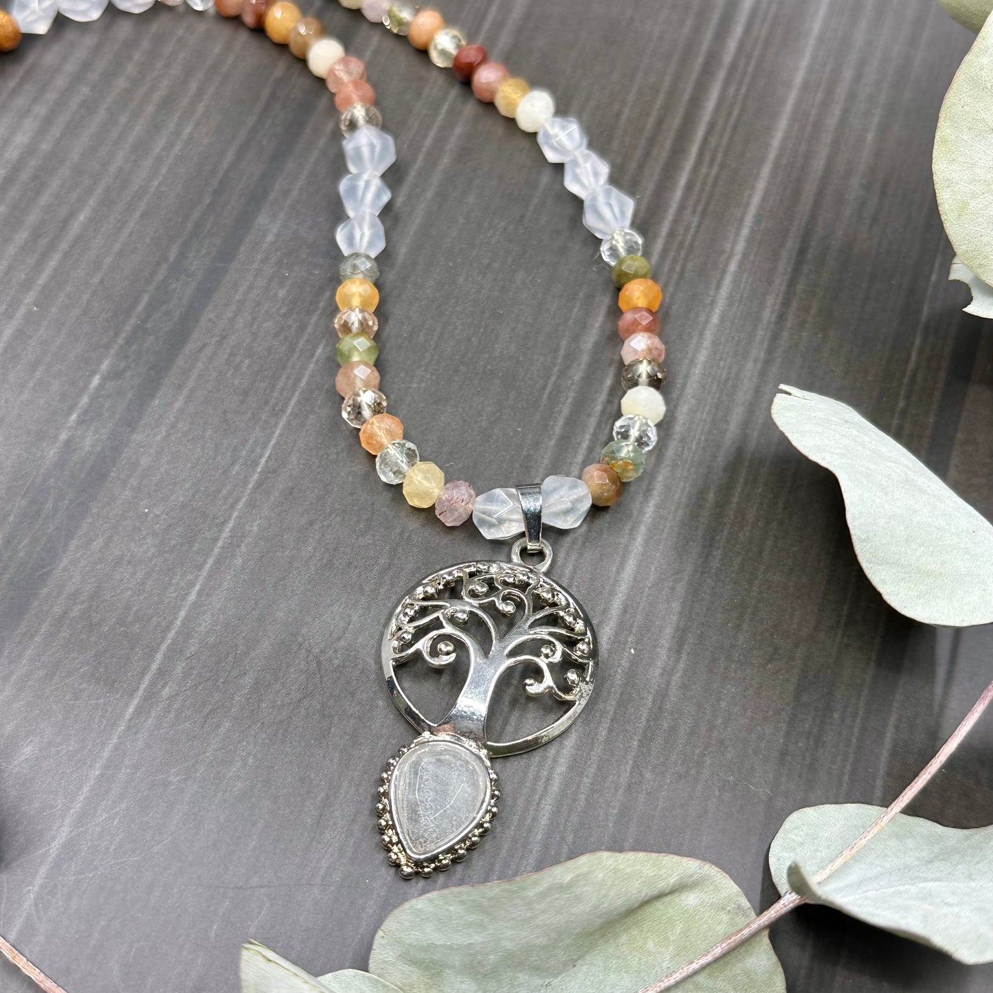 Tree of Life Sterling Silver Quartz and Jade Necklace