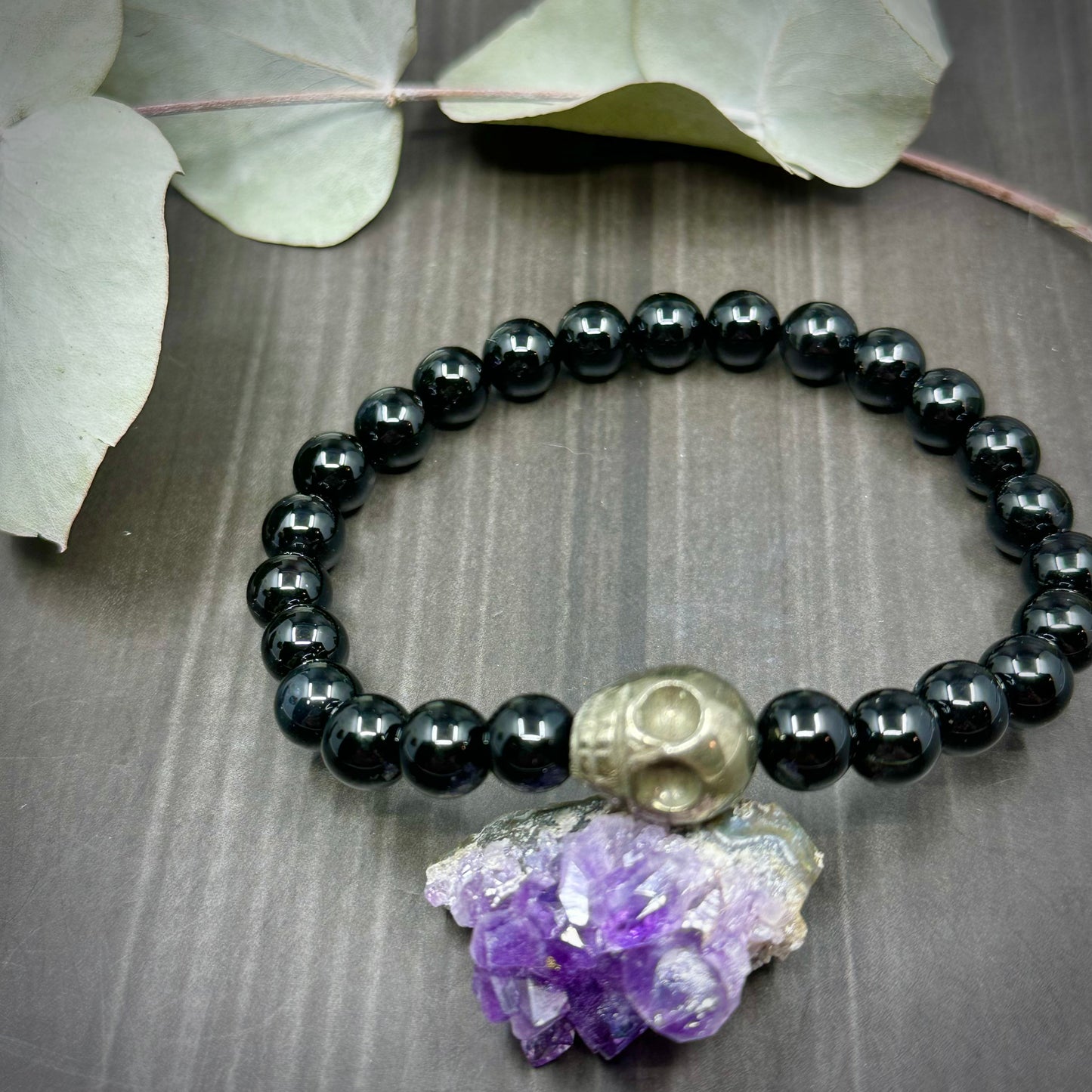 7.5" Onyx and Pyrite Skull Stretch Bracelet
