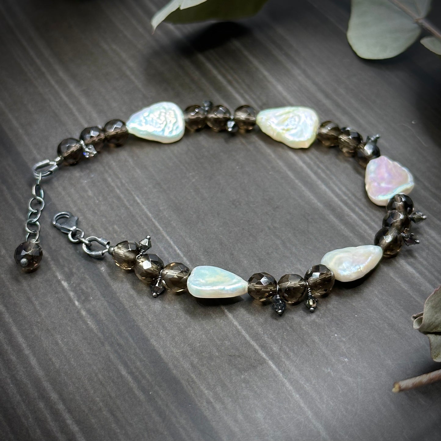 Pearl, Smoky Quartz, and Crystal Bracelet