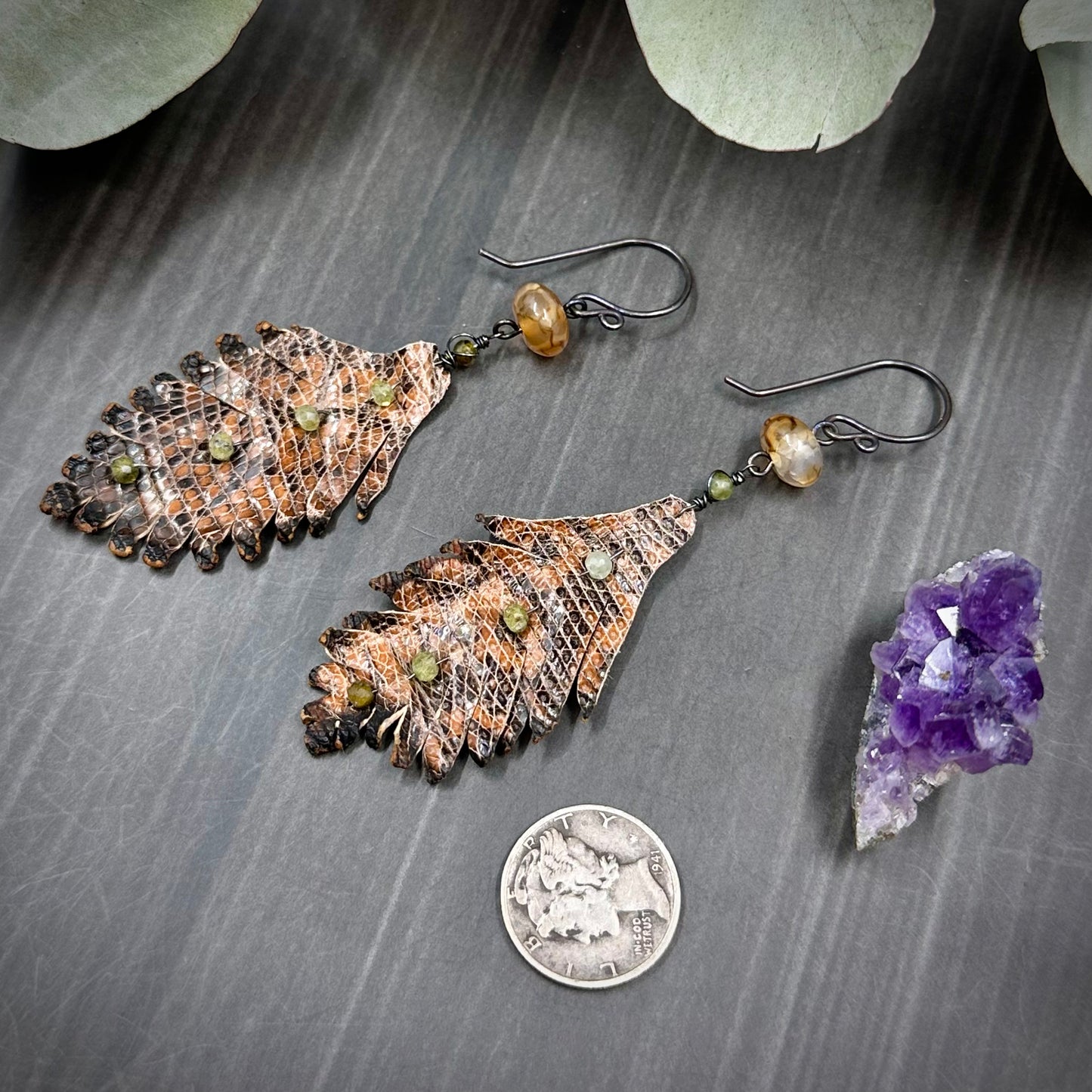 Agate and Green Garnet Leather Feather Earrings