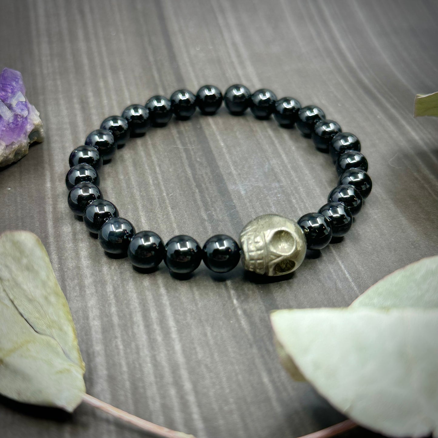 7.5" Onyx and Pyrite Skull Stretch Bracelet