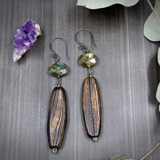 Labradorite and Wood Earrings with Sterling Silver