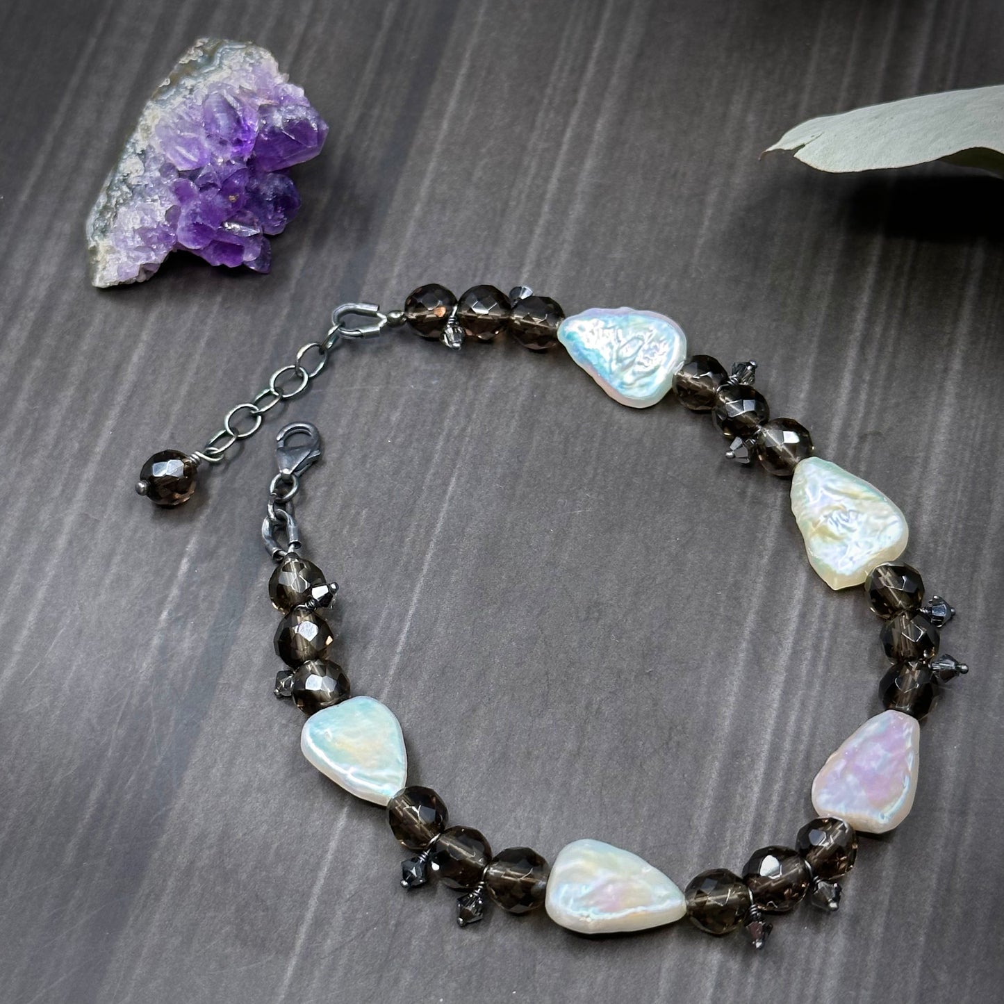 Pearl, Smoky Quartz, and Crystal Bracelet
