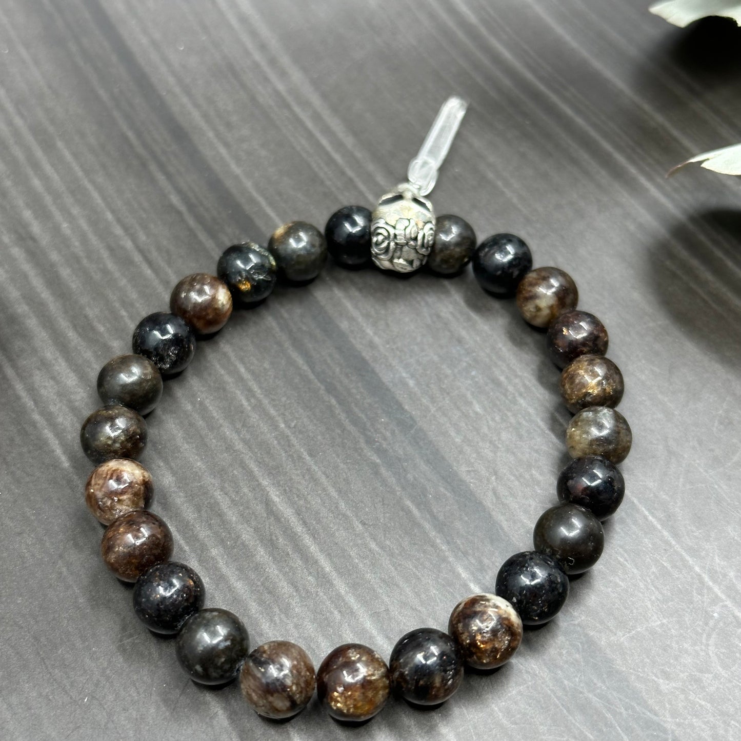 7.5" Biotite, Quartz, and Skull Stretch Bracelet