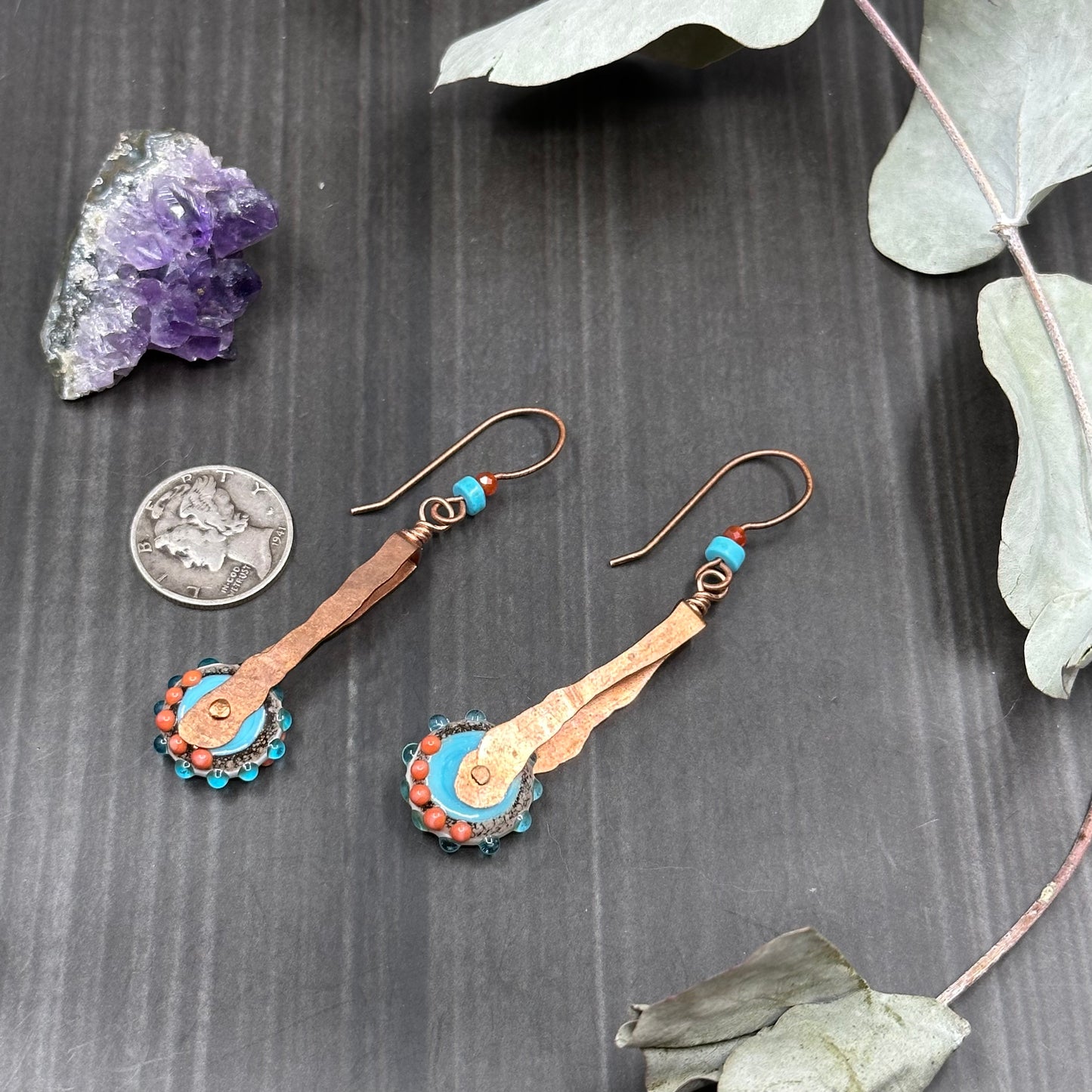 Copper lampwork Turquoise and Agate Earrings