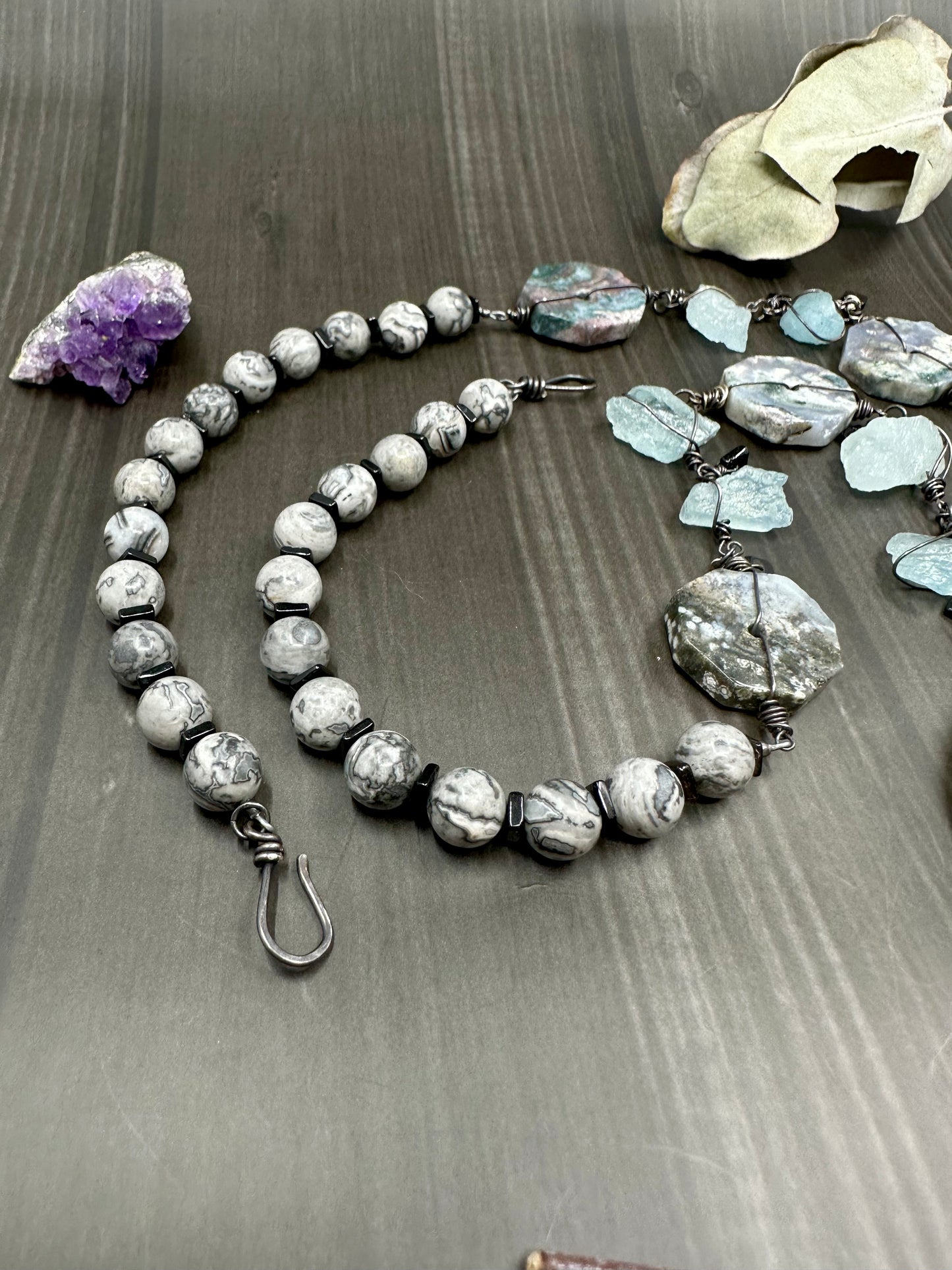 Raw Aquamarine, Ocean Jasper, Scenery Jasper, and Black Spinel Necklace