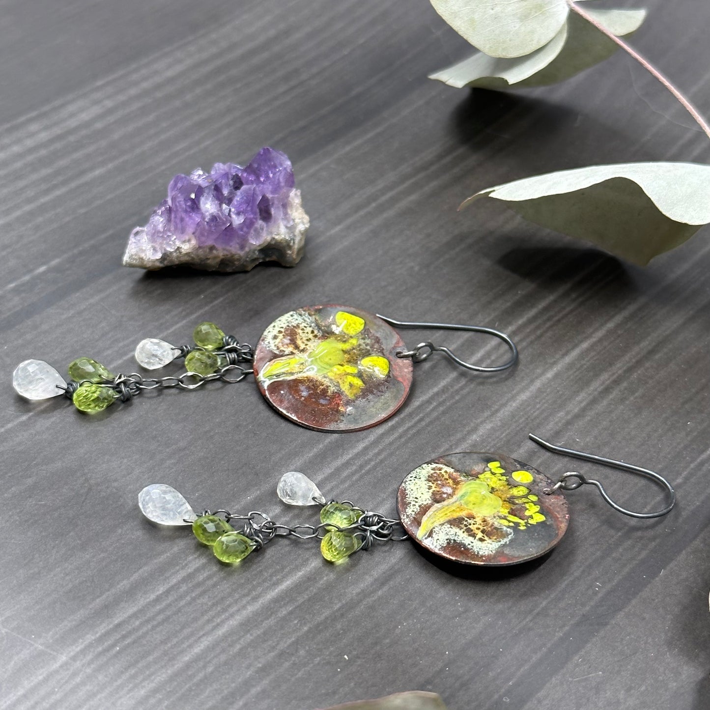 Peridot and Moonstone Enamel Earrings