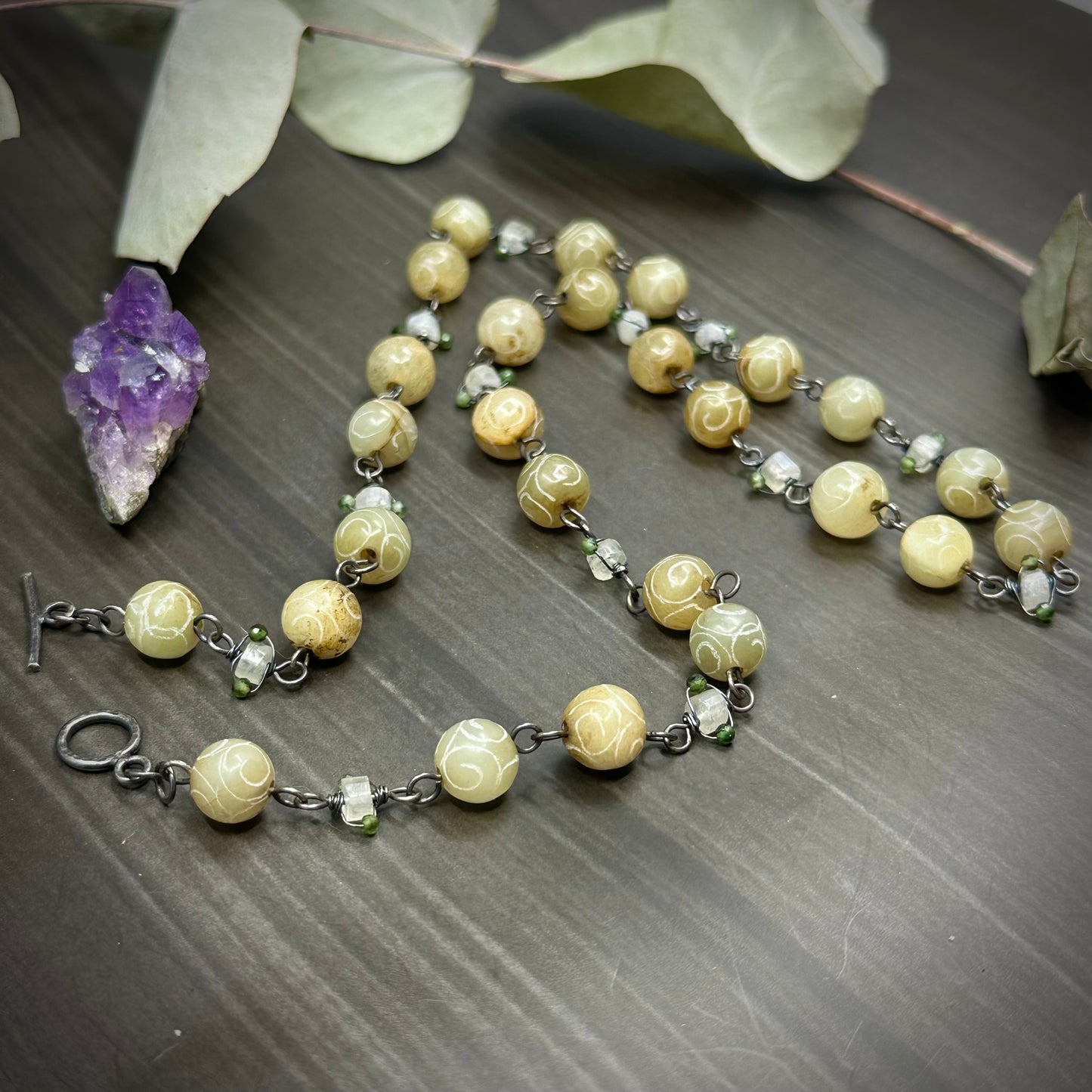 Jade and Rainbow Moonstone Necklace in Sterling Silver