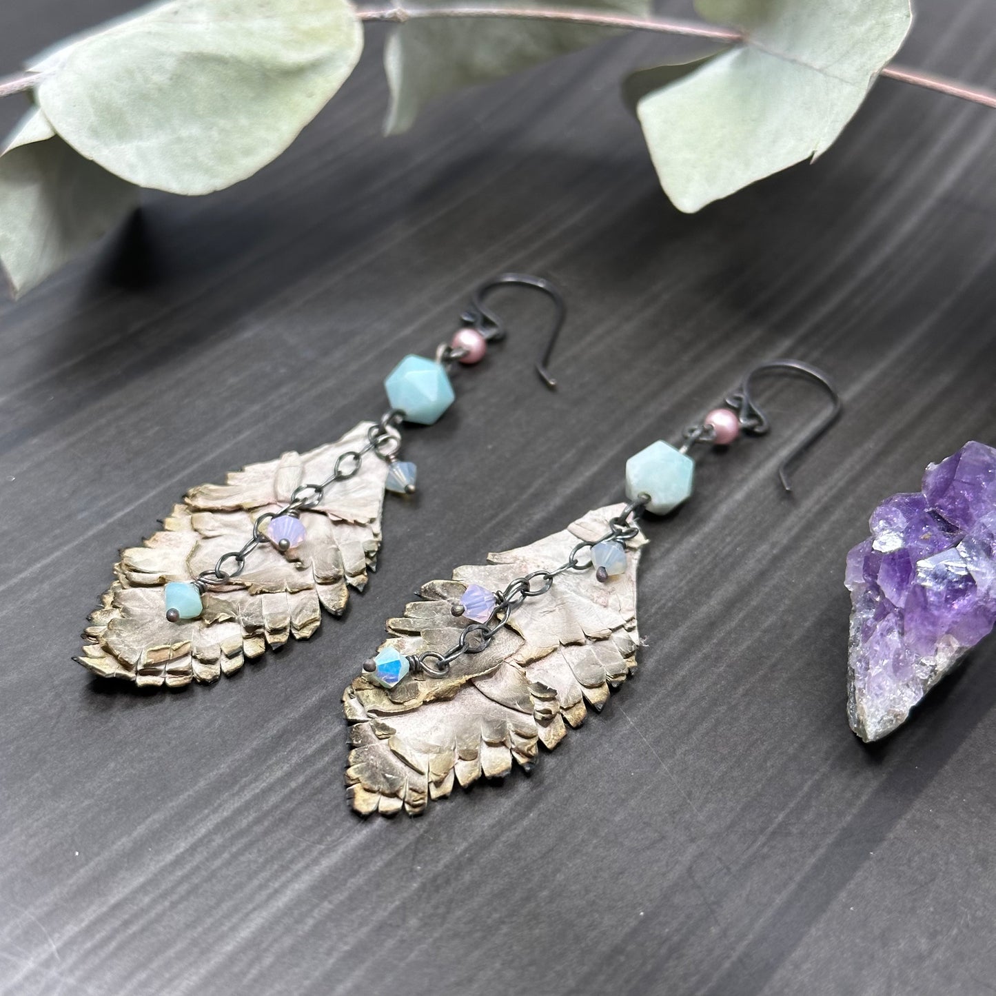Amazonite, Crystals, and Leather Feather Earrings with Sterling Silver