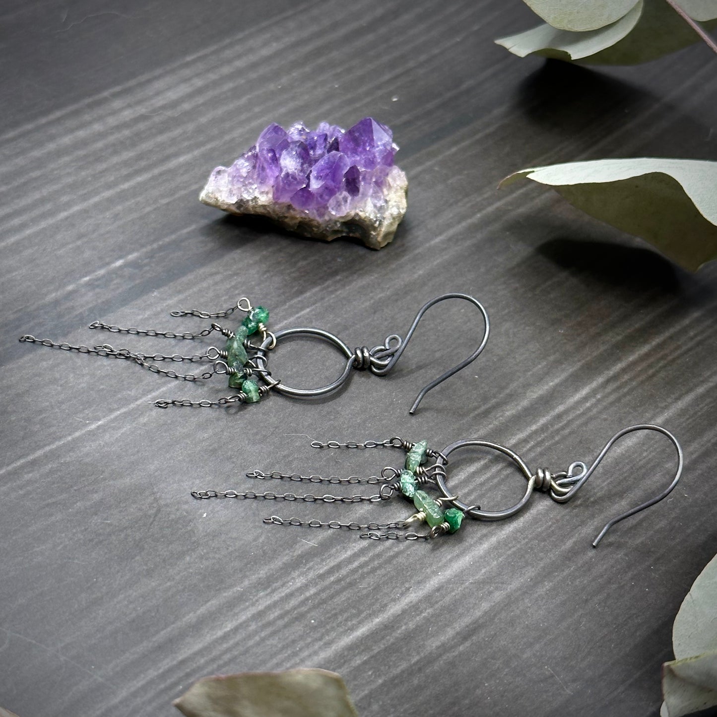 Emerald and Sterling Silver Hoop Earrings