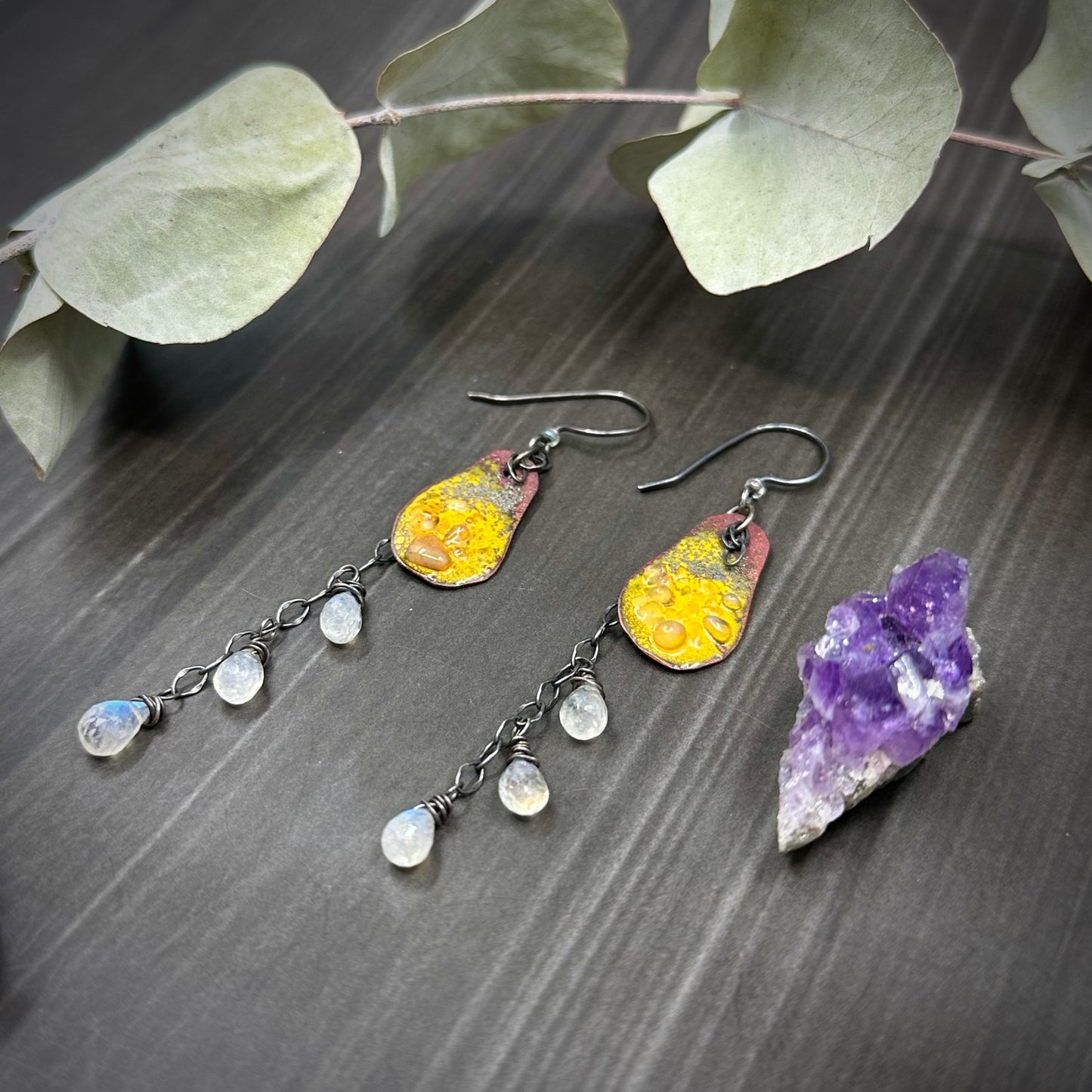 Artisan Enamel and Rainbow Moonstone Earrings