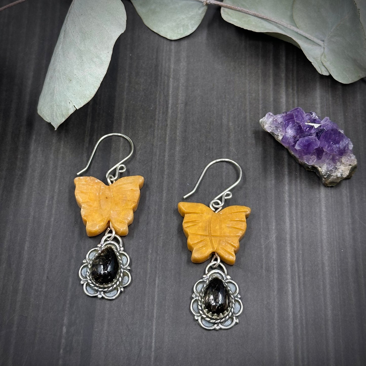 Yellow Jade and Andalusite Sterling Silver Butterfly Earrings