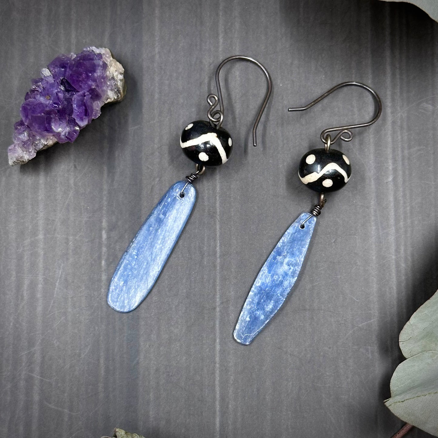 Blue Kyanite and Bone Sterling Silver Earrings