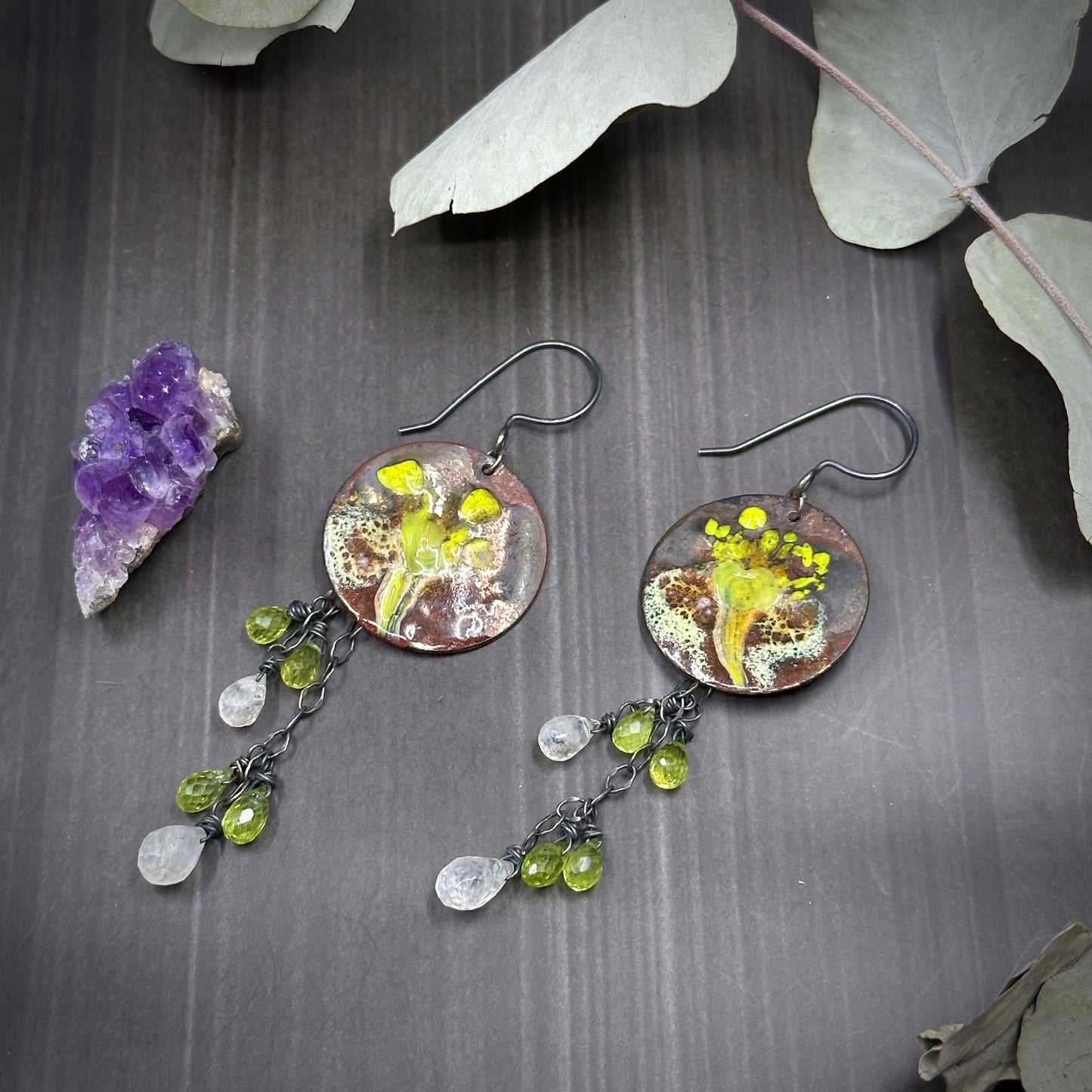Peridot and Moonstone Enamel Earrings