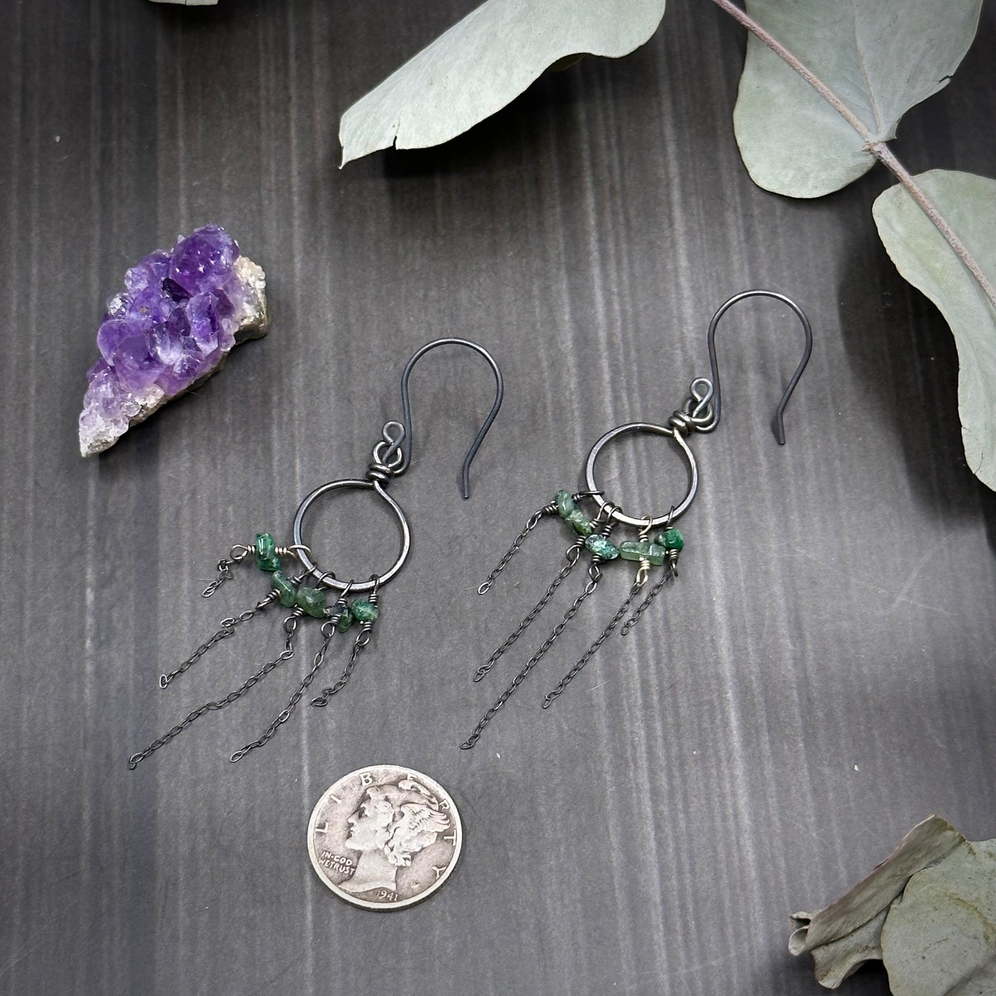 Emerald and Sterling Silver Hoop Earrings